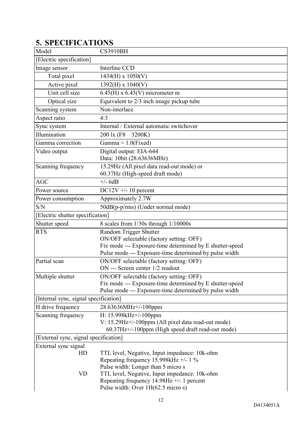 Specifications | Toshiba CS3910BH User Manual | Page 13 / 19