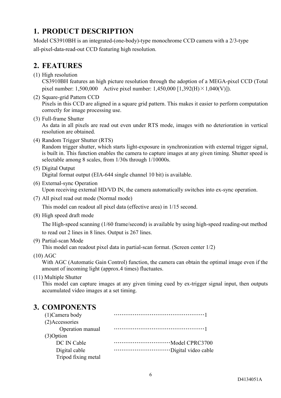 Product description, Features, Components | Toshiba CS3910BH User Manual | Page 7 / 19