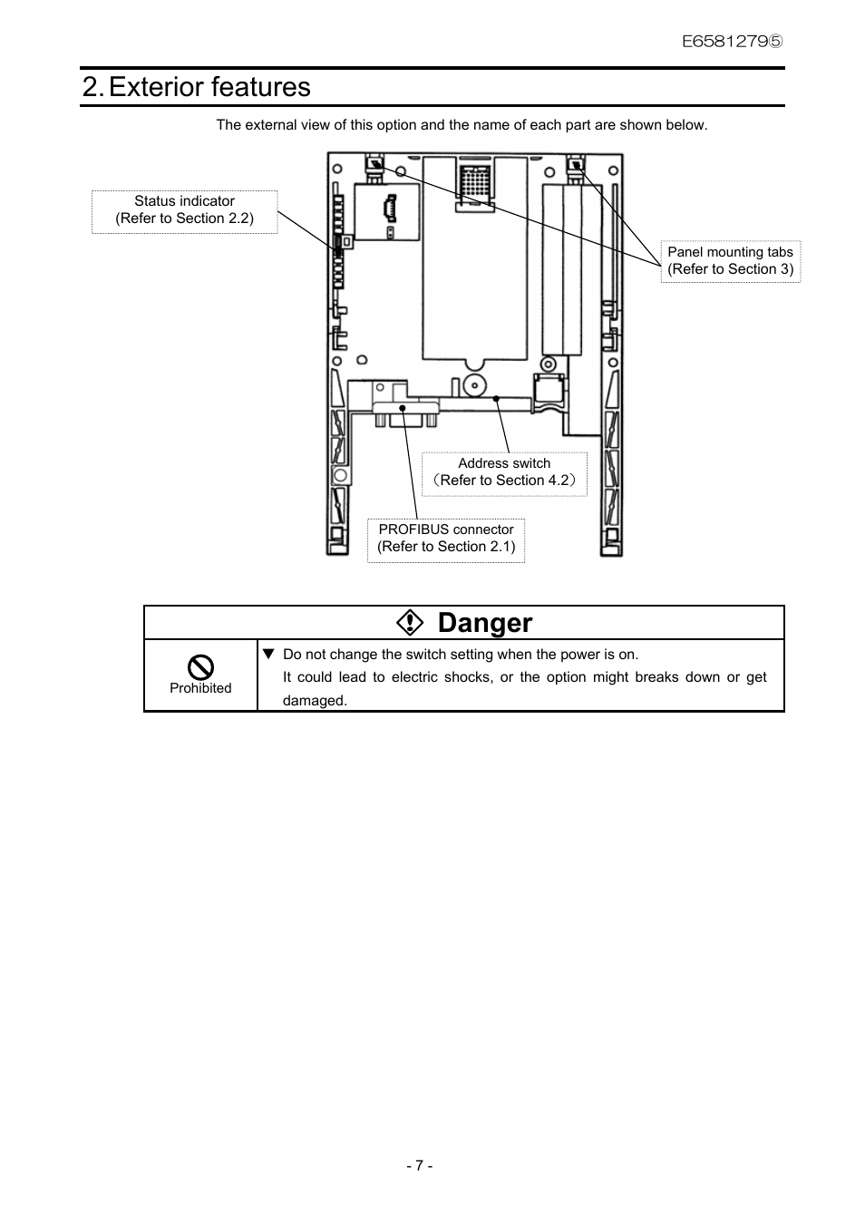 Exterior features, Danger | Toshiba PDP002Z User Manual | Page 8 / 18