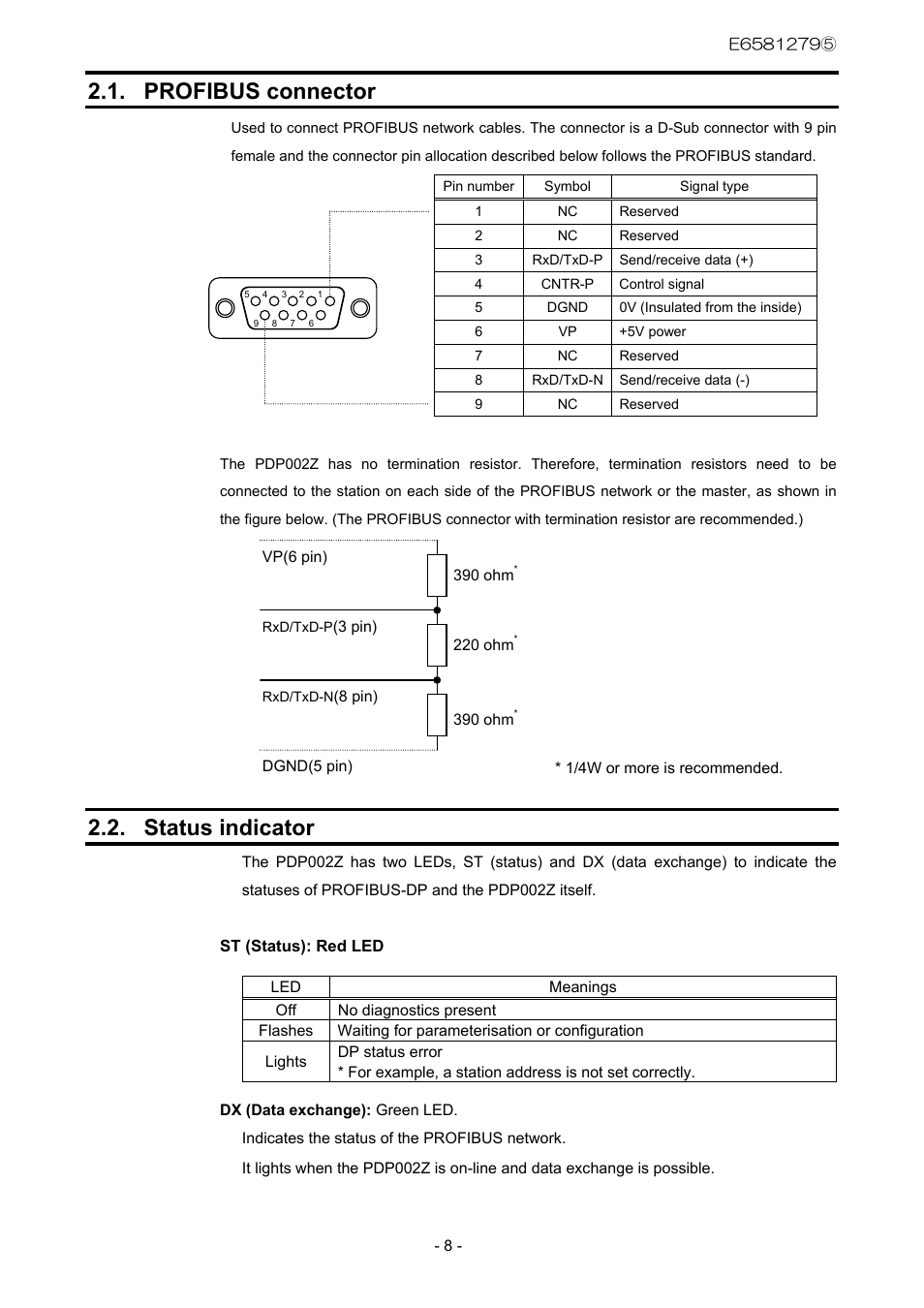 Profibus connector, Status indicator | Toshiba PDP002Z User Manual | Page 9 / 18