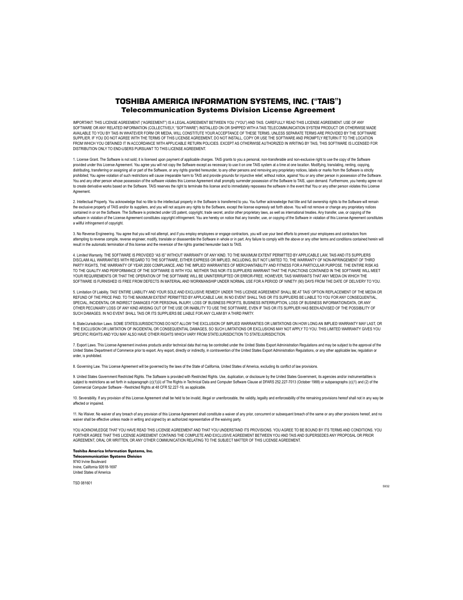 Tais tsd license agreement | Toshiba DKT3000/2000 User Manual | Page 3 / 104