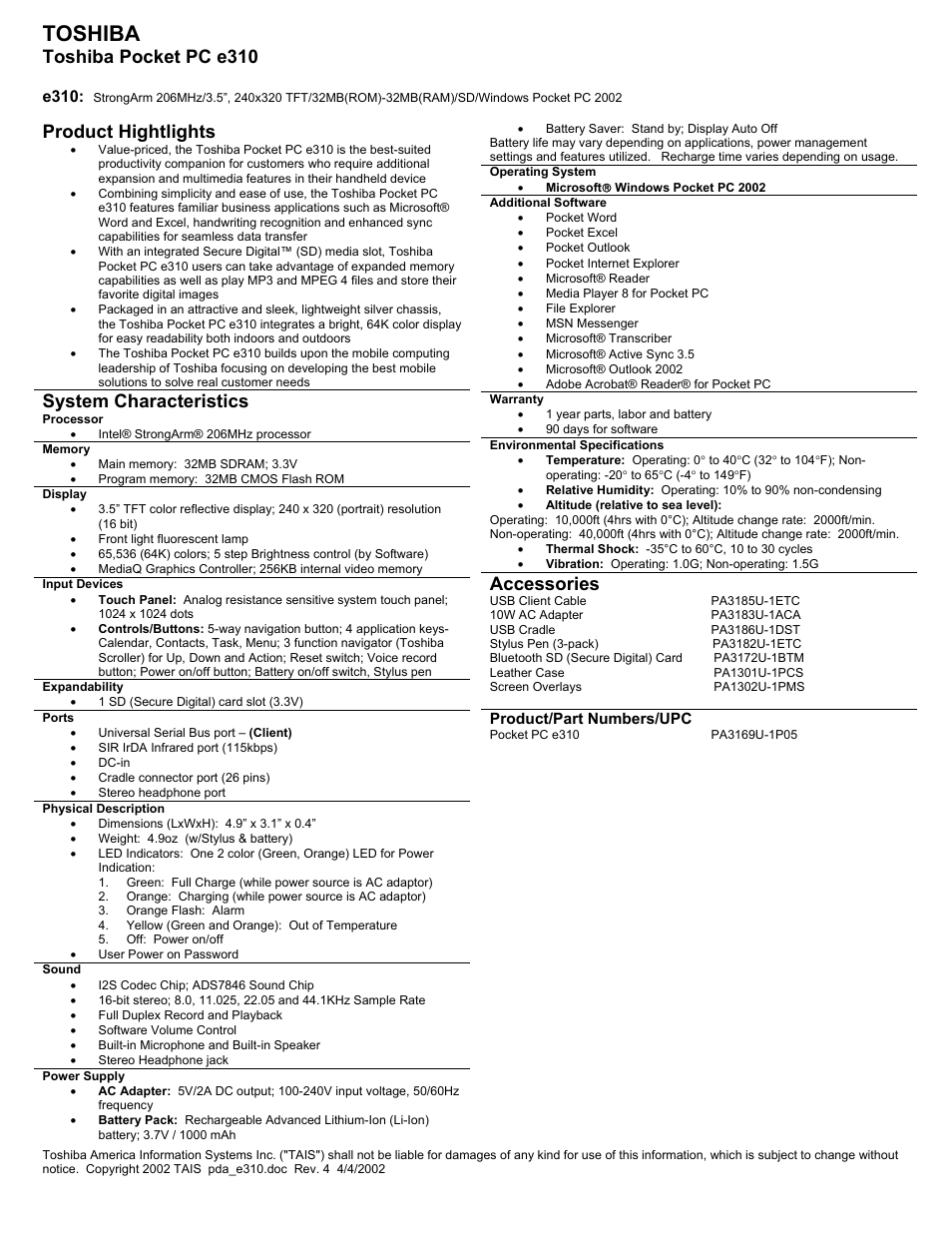 Toshiba e310 User Manual | 1 page