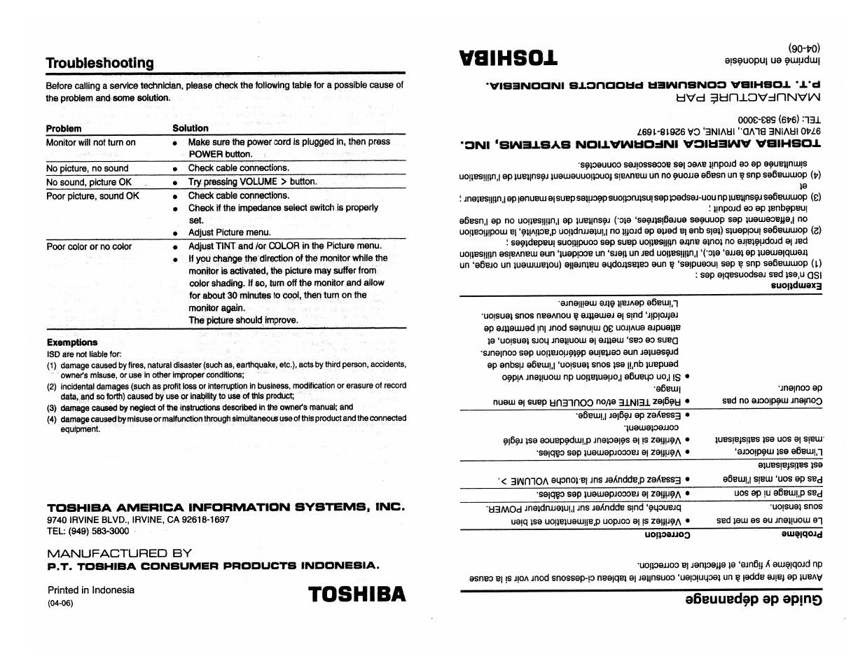 Troubleshooting, Manufactured by, Toshiba | Toshiba CM1320A User Manual | Page 10 / 10