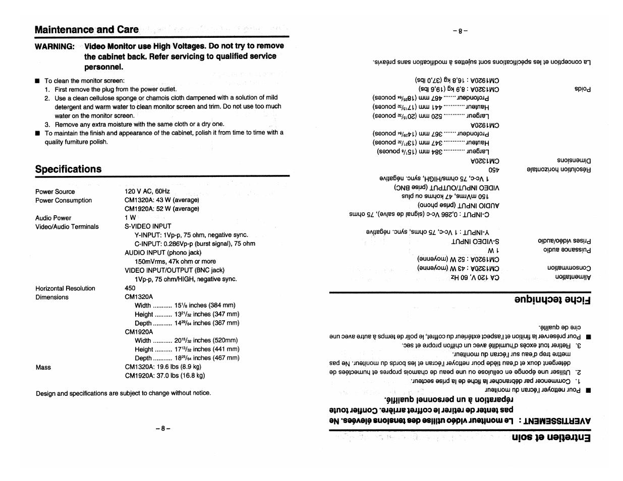 Maintenance and care, Specifications | Toshiba CM1320A User Manual | Page 8 / 10