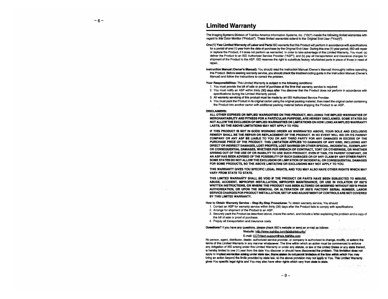 Limited warranty | Toshiba CM1320A User Manual | Page 9 / 10