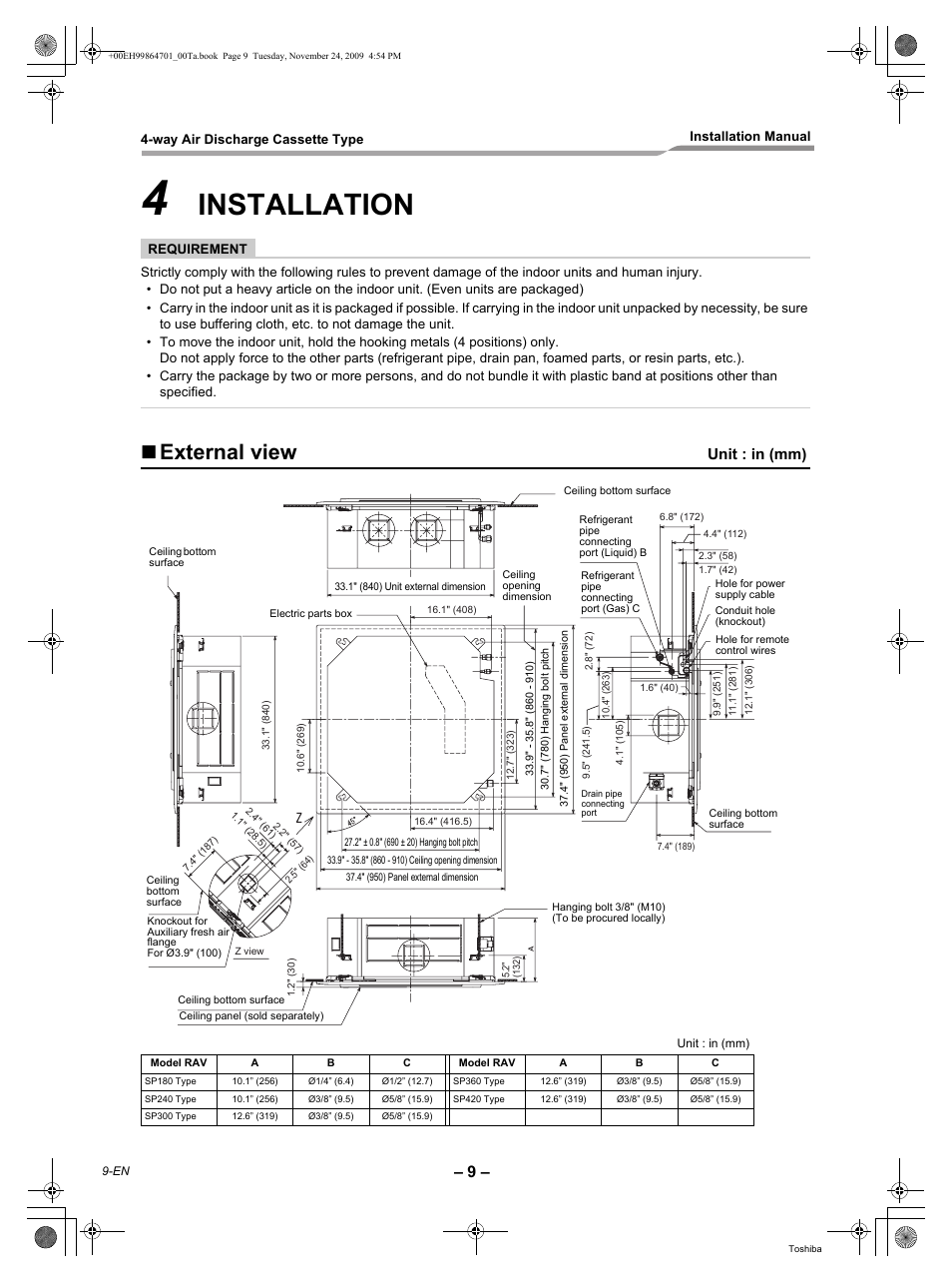 Installation, External view, Unit : in (mm) | Toshiba Carrier RAV-SP180UT-UL  EN User Manual | Page 10 / 38