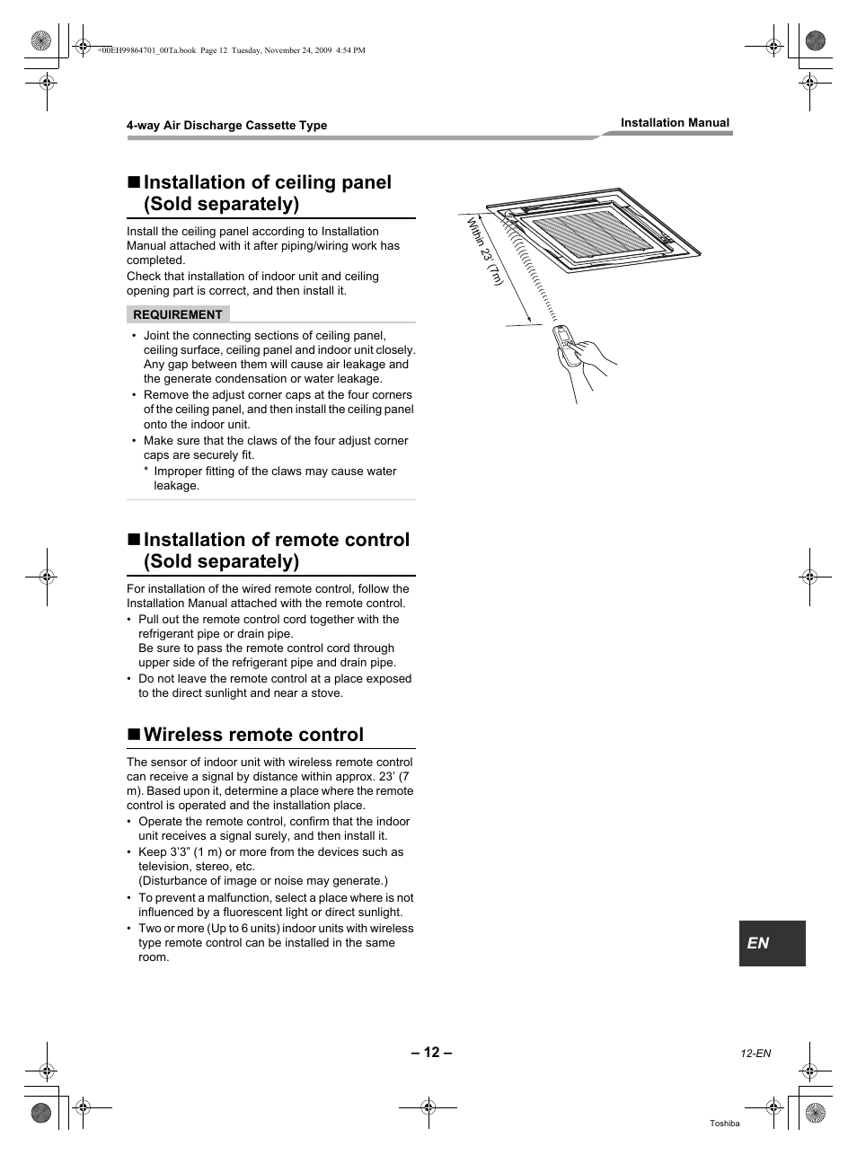Installation of ceiling panel (sold separately), Installation of remote control (sold separately), Wireless remote control | Toshiba Carrier RAV-SP180UT-UL  EN User Manual | Page 13 / 38