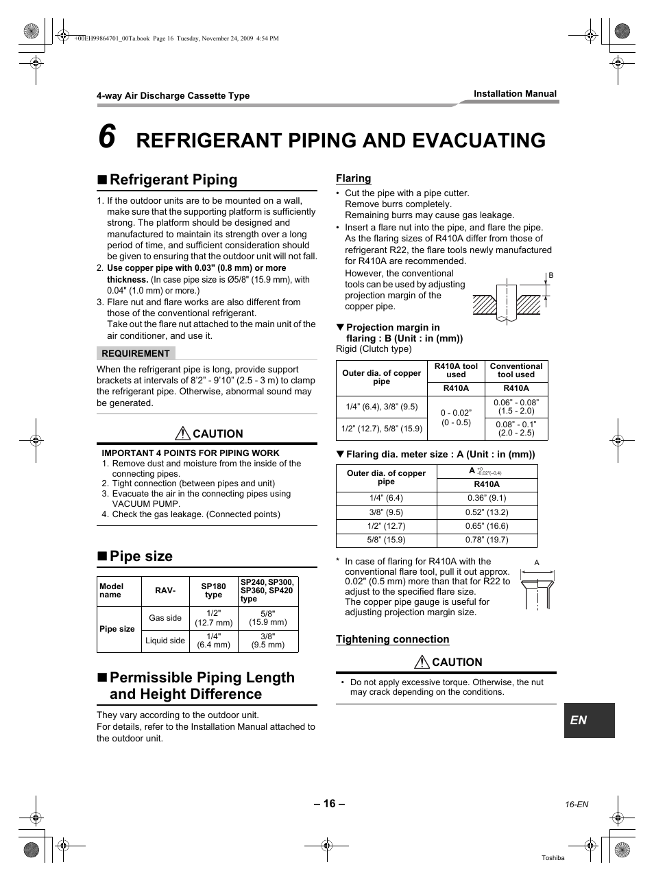 Refrigerant piping and evacuating, Refrigerant piping | Toshiba Carrier RAV-SP180UT-UL  EN User Manual | Page 17 / 38