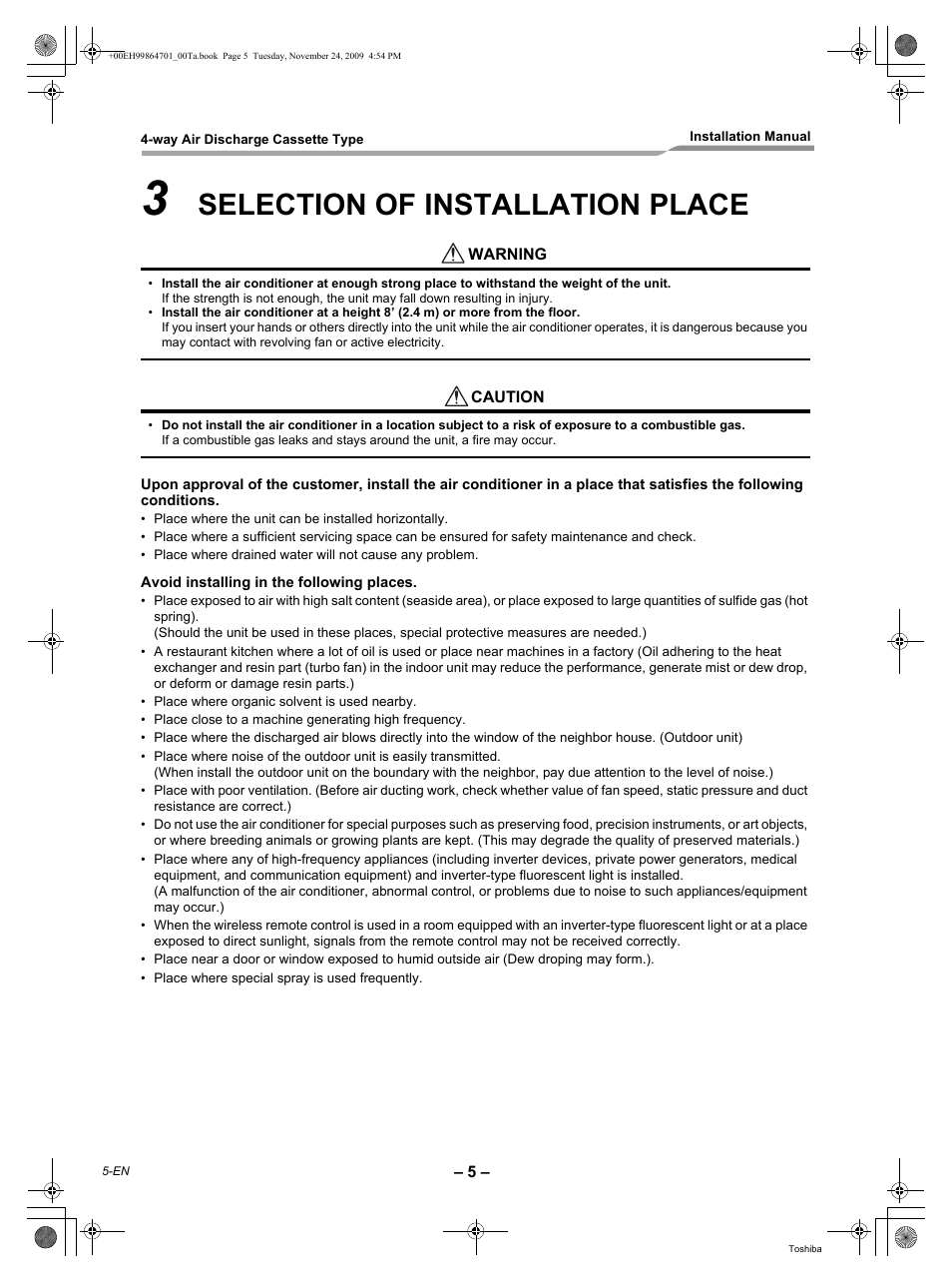 Selection of installation place | Toshiba Carrier RAV-SP180UT-UL  EN User Manual | Page 6 / 38
