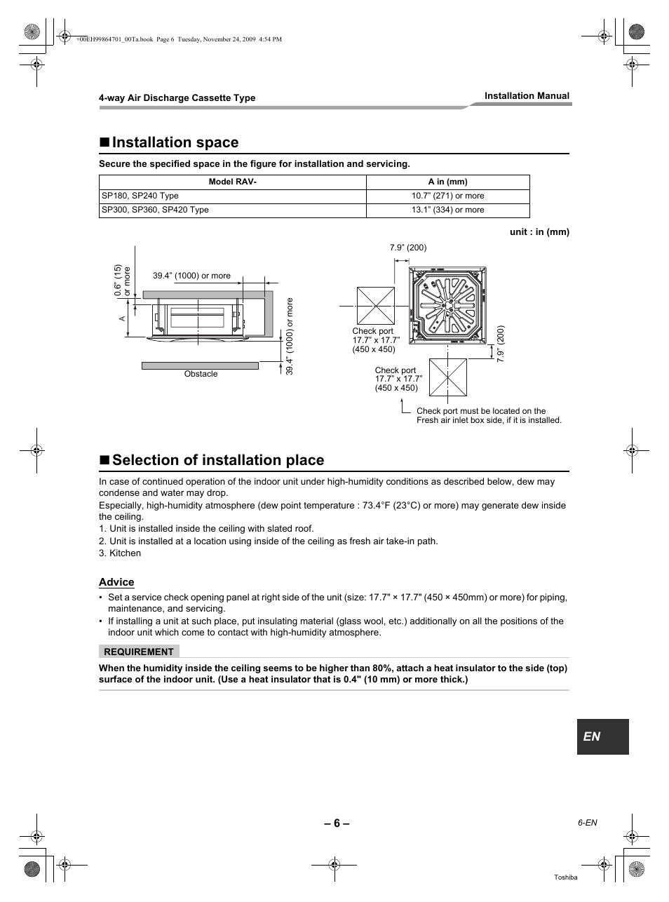 Installation space, Selection of installation place | Toshiba Carrier RAV-SP180UT-UL  EN User Manual | Page 7 / 38