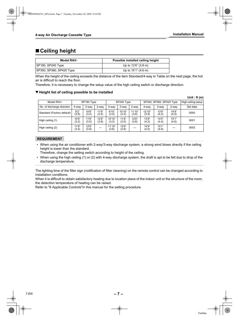 Ceiling height | Toshiba Carrier RAV-SP180UT-UL  EN User Manual | Page 8 / 38