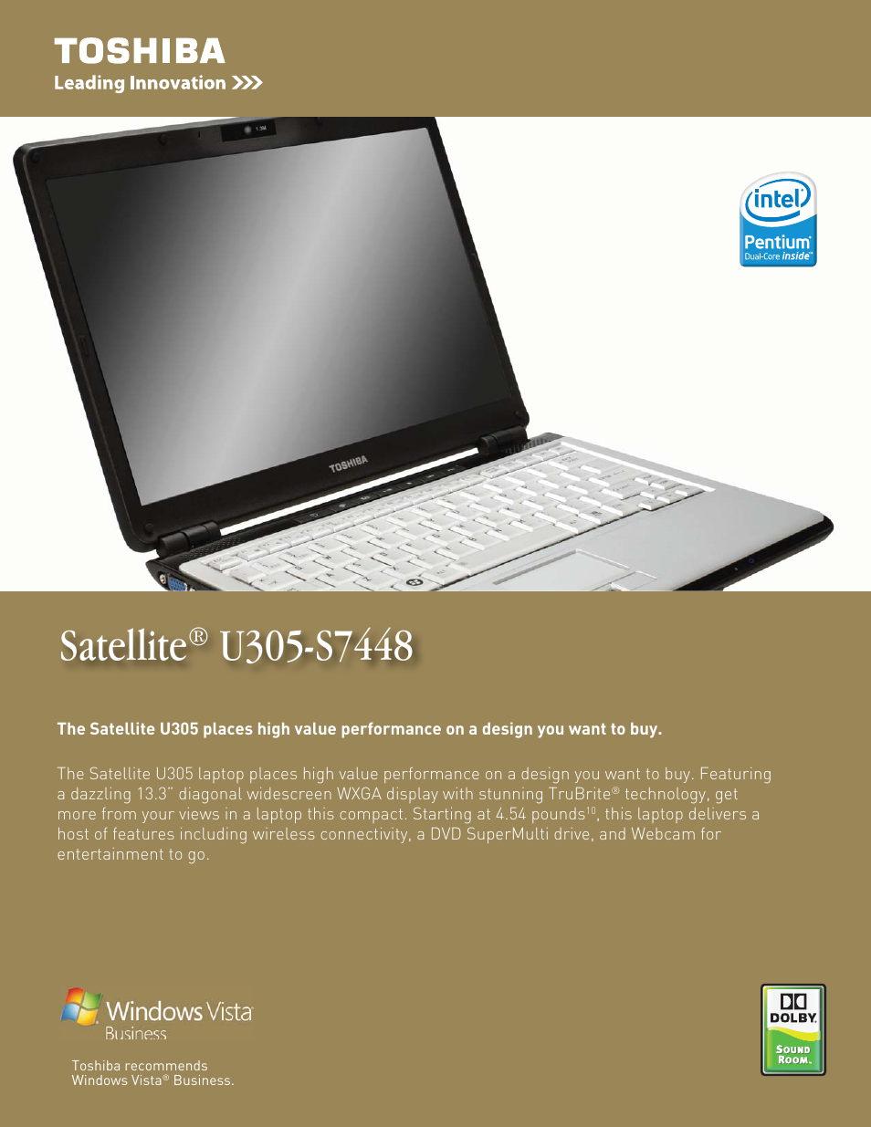 Toshiba U305-S7448 User Manual | 2 pages