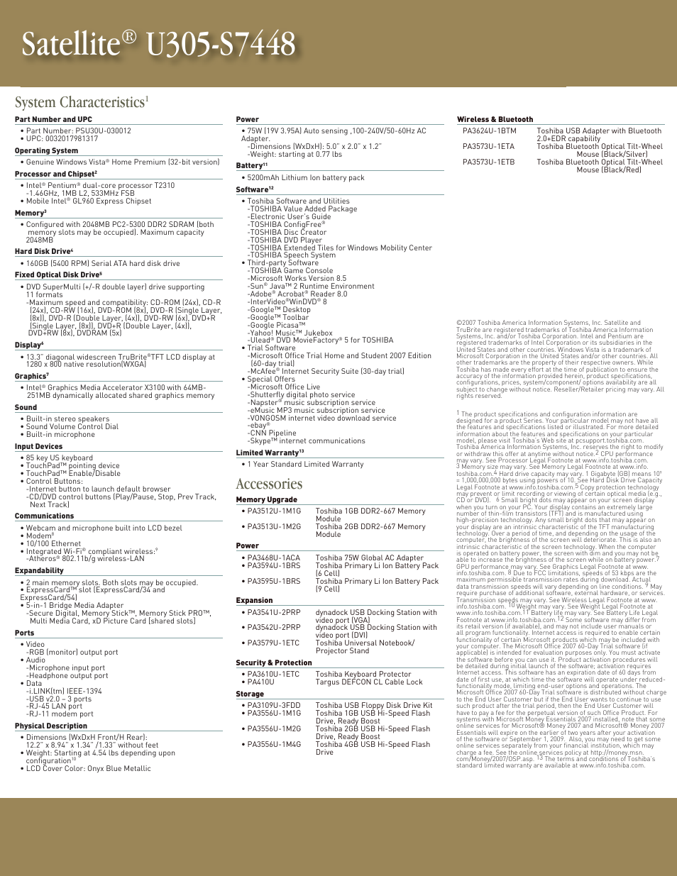 Satellite, System characteristics, Accessories | Toshiba U305-S7448 User Manual | Page 2 / 2