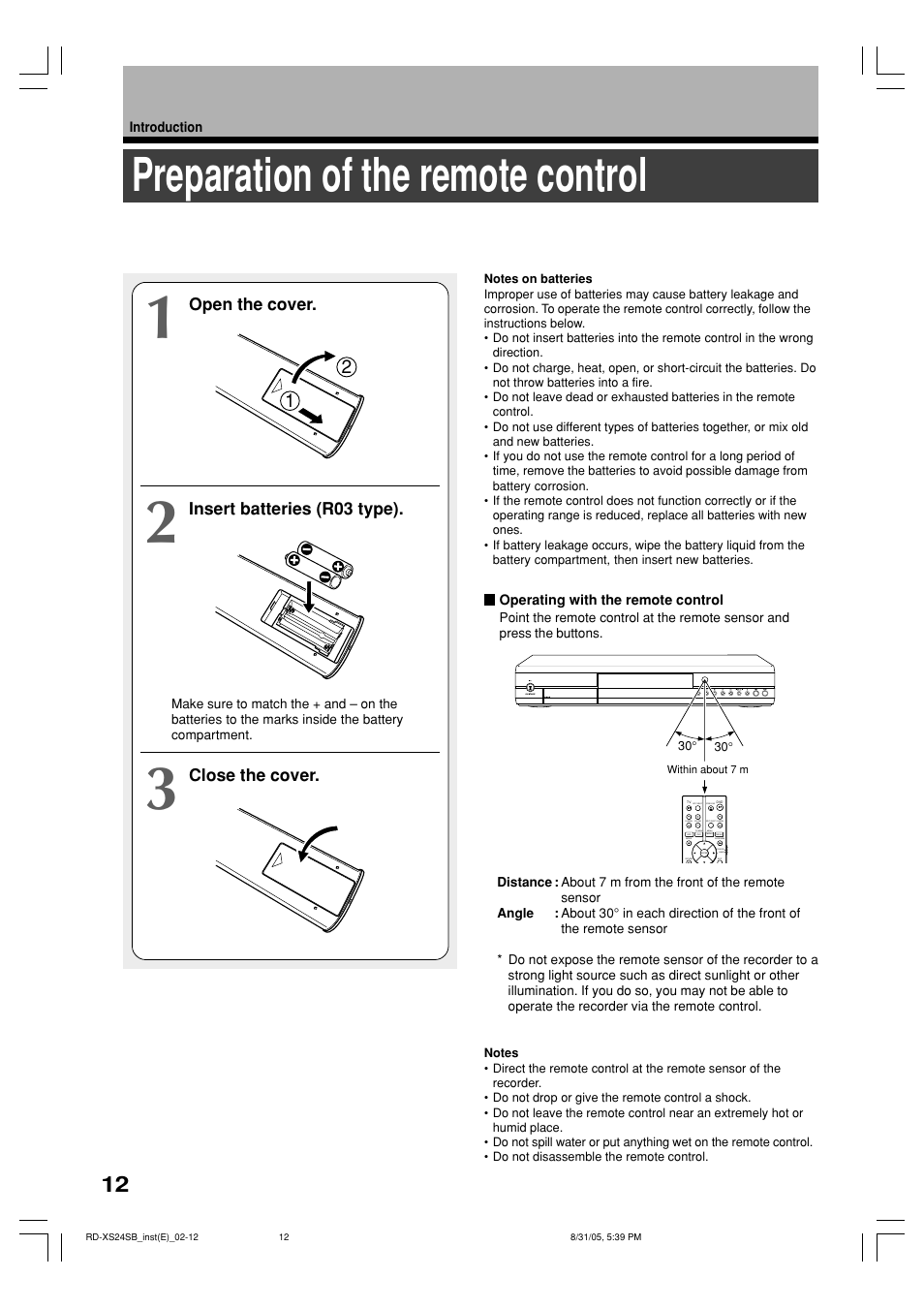 Preparation of the remote control | Toshiba RD-XS24SB User Manual | Page 12 / 41