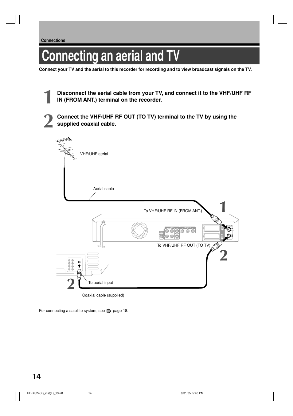 Connecting an aerial and tv | Toshiba RD-XS24SB User Manual | Page 14 / 41