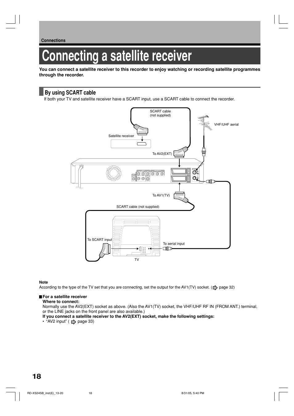 Connecting a satellite receiver, By using scart cable | Toshiba RD-XS24SB User Manual | Page 18 / 41