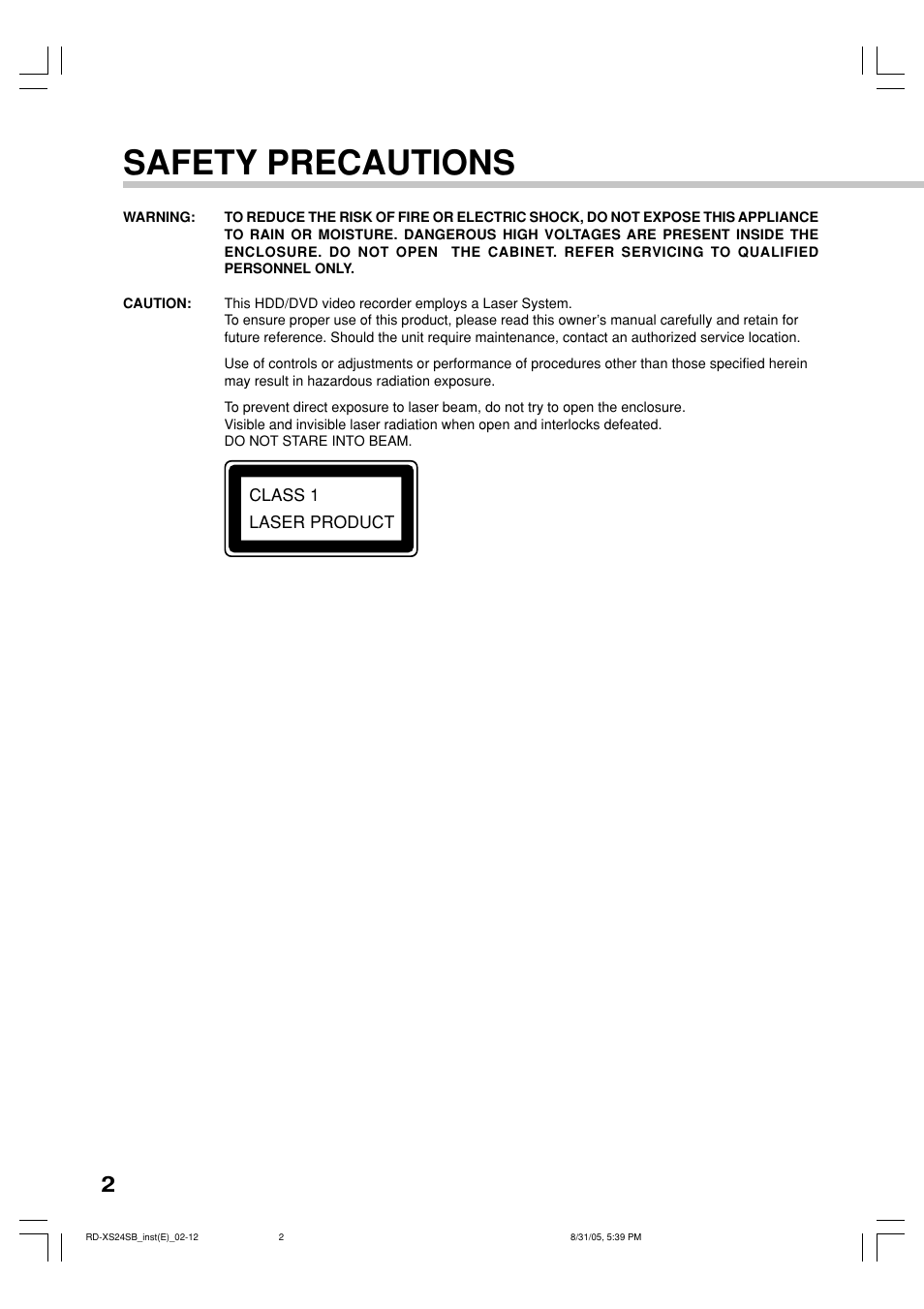 Safety precautions | Toshiba RD-XS24SB User Manual | Page 2 / 41