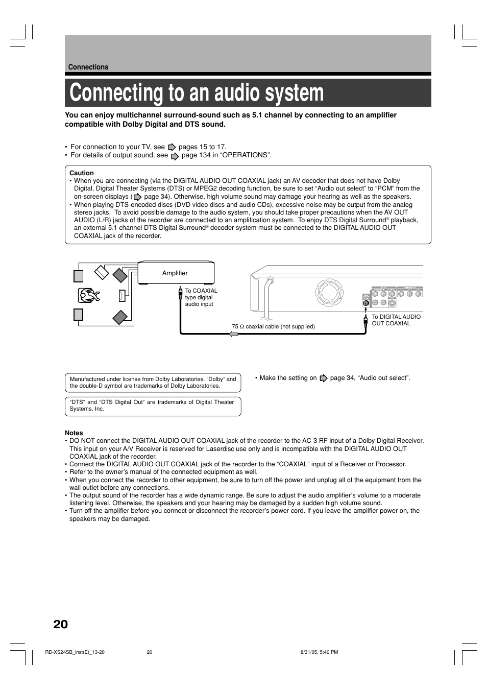 Connecting to an audio system | Toshiba RD-XS24SB User Manual | Page 20 / 41