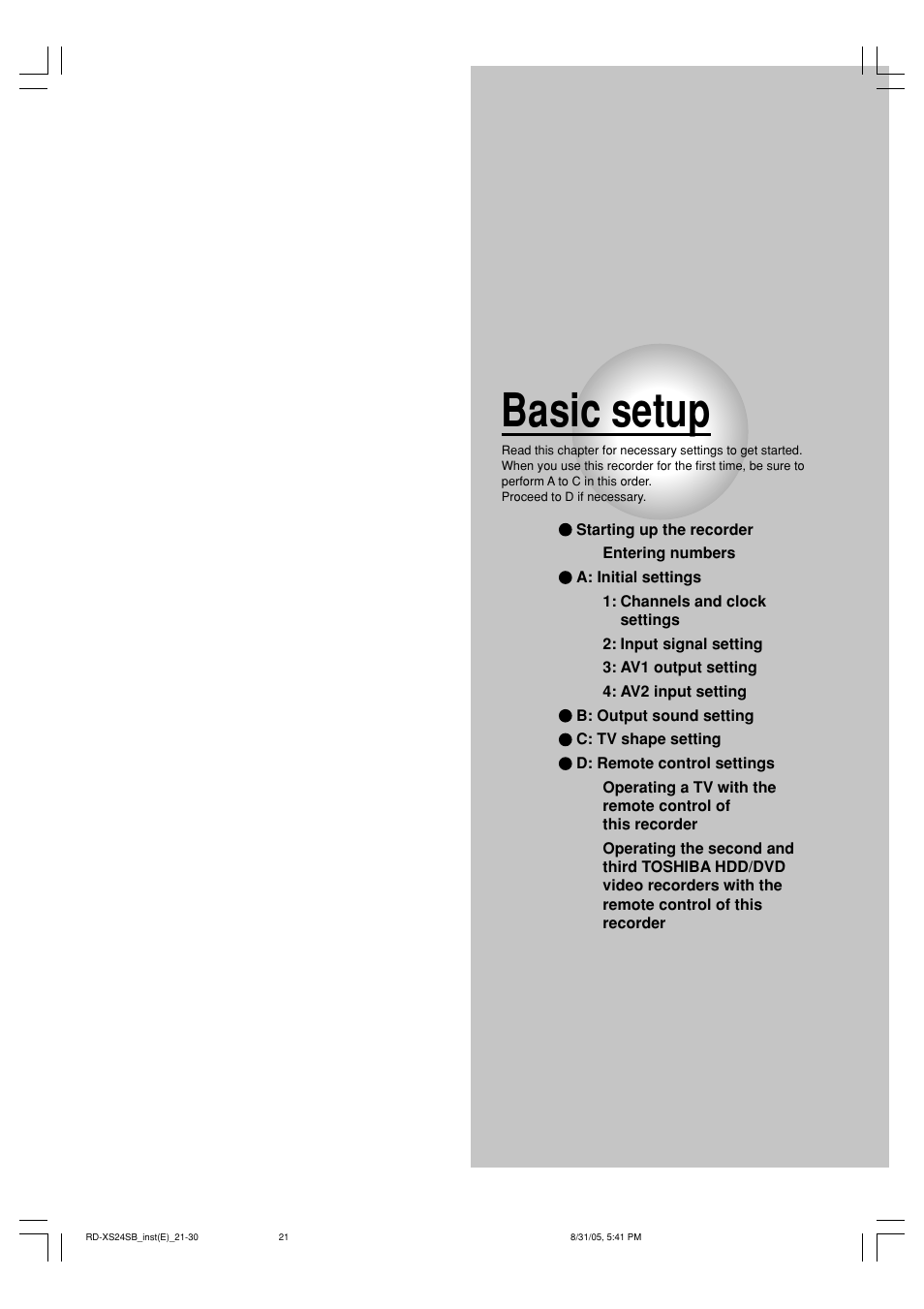 Basic setup | Toshiba RD-XS24SB User Manual | Page 21 / 41
