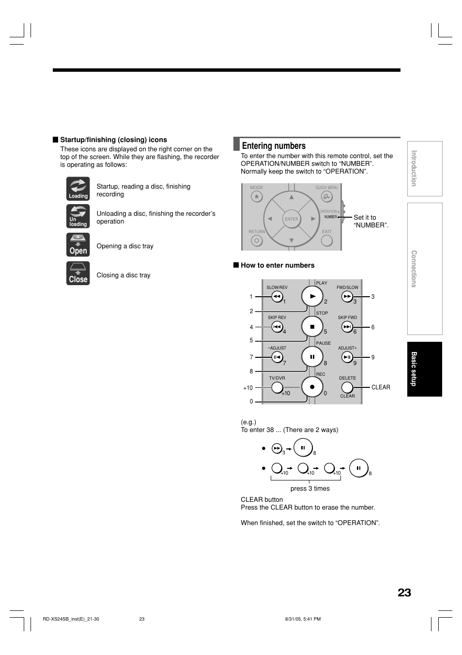 Entering numbers, Open, Close | Toshiba RD-XS24SB User Manual | Page 23 / 41