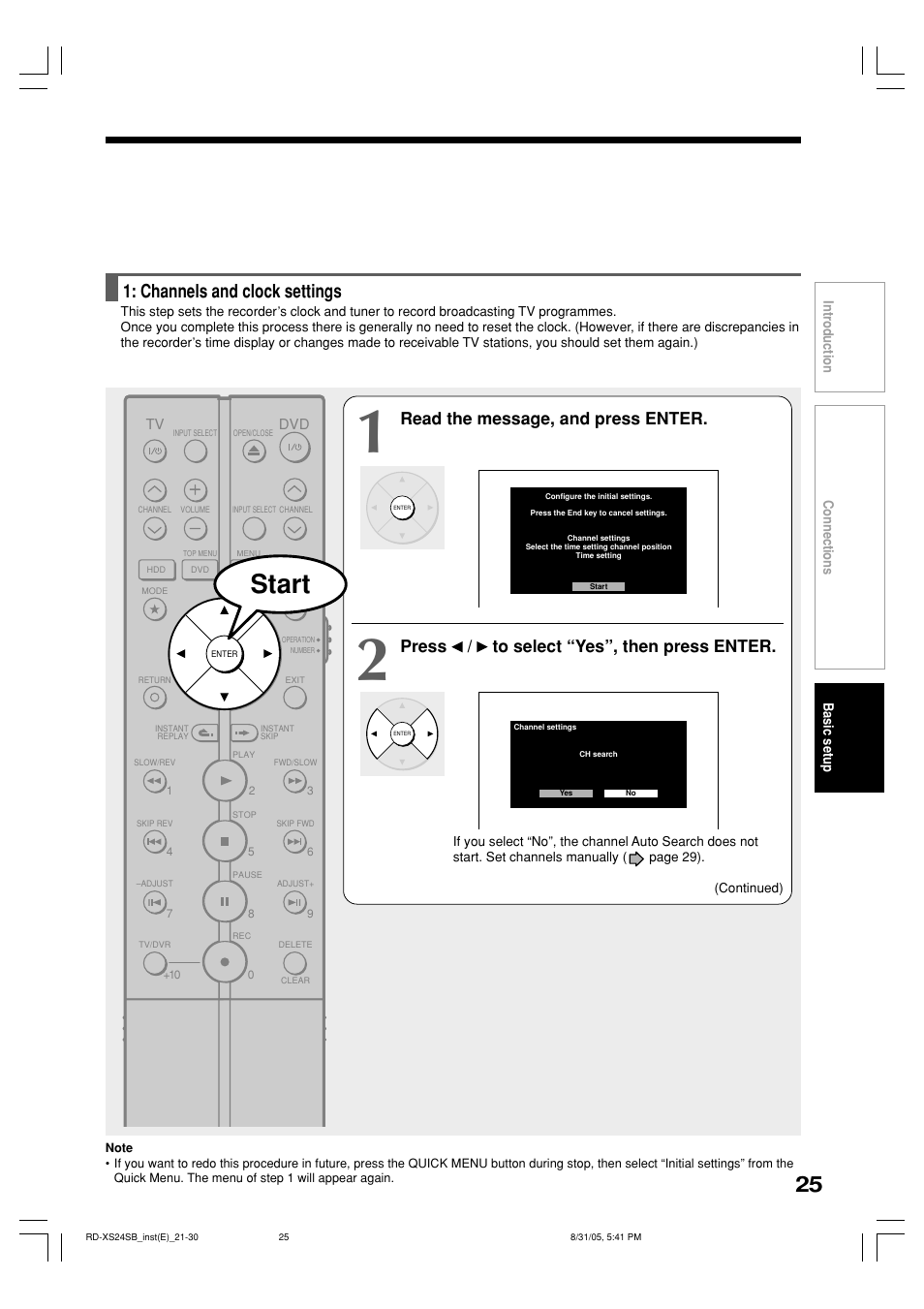 Start, Channels and clock settings, Read the message, and press enter | Press / to select “yes”, then press enter | Toshiba RD-XS24SB User Manual | Page 25 / 41