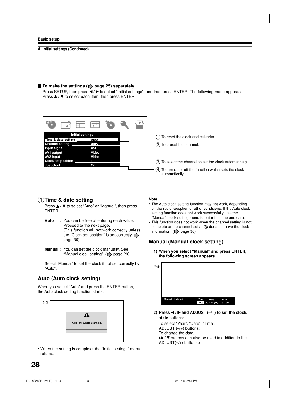 1 time & date setting, Auto (auto clock setting), Manual (manual clock setting) | Toshiba RD-XS24SB User Manual | Page 28 / 41