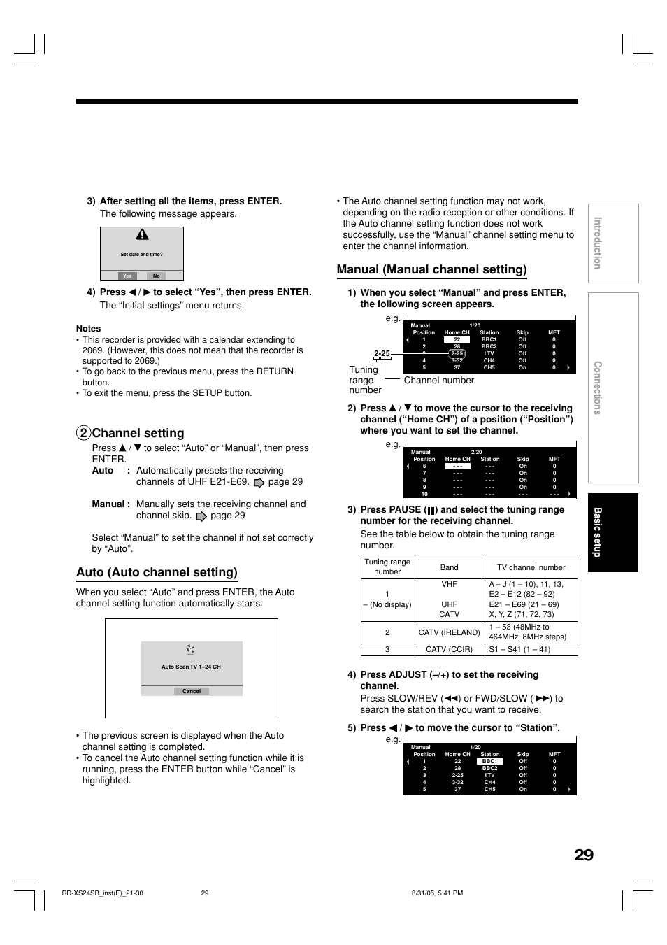 2 channel setting, Auto (auto channel setting), Manual (manual channel setting) | Connections basic setup introduction | Toshiba RD-XS24SB User Manual | Page 29 / 41