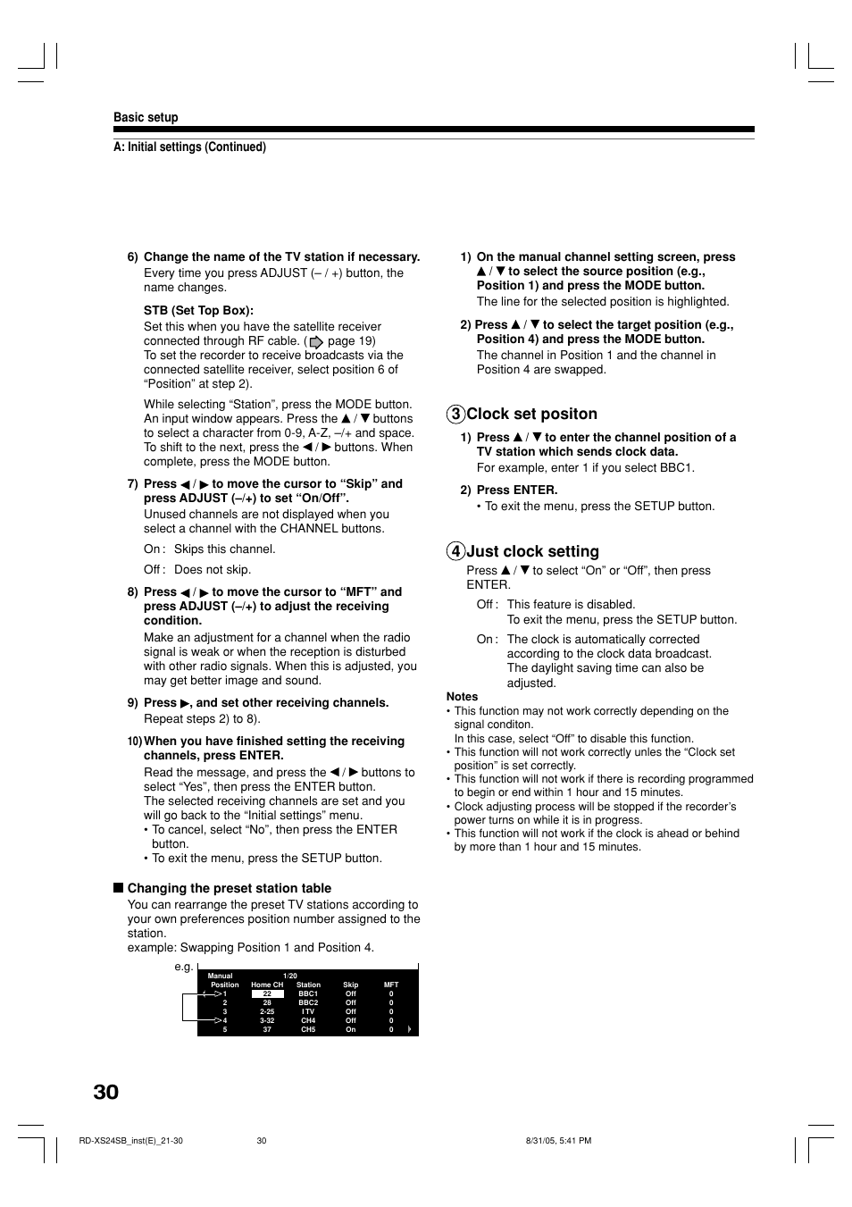 3 clock set positon, 4 just clock setting | Toshiba RD-XS24SB User Manual | Page 30 / 41