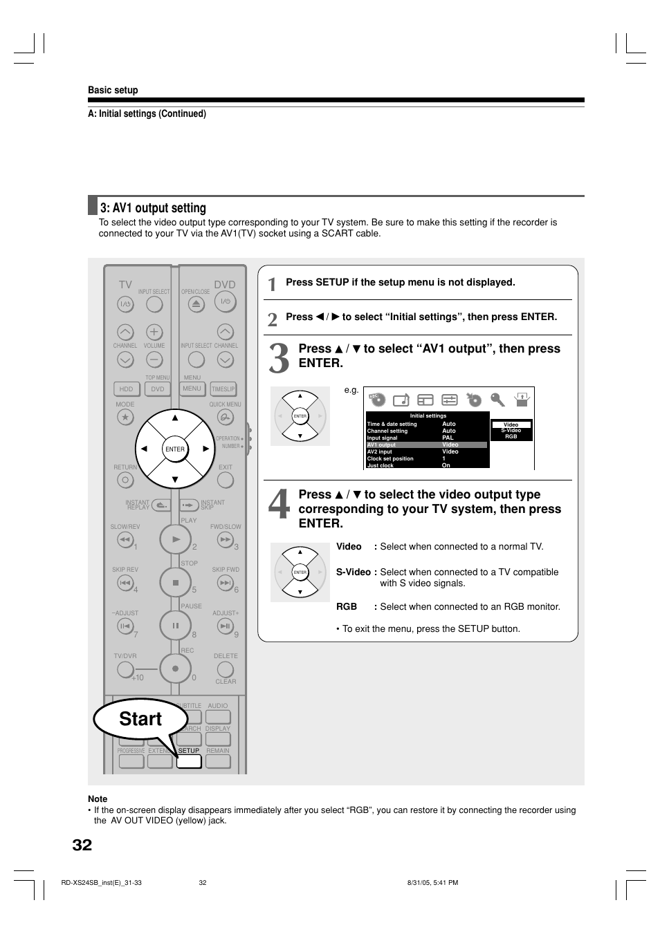 Start, Av1 output setting, Press / to select “av1 output”, then press enter | Toshiba RD-XS24SB User Manual | Page 32 / 41