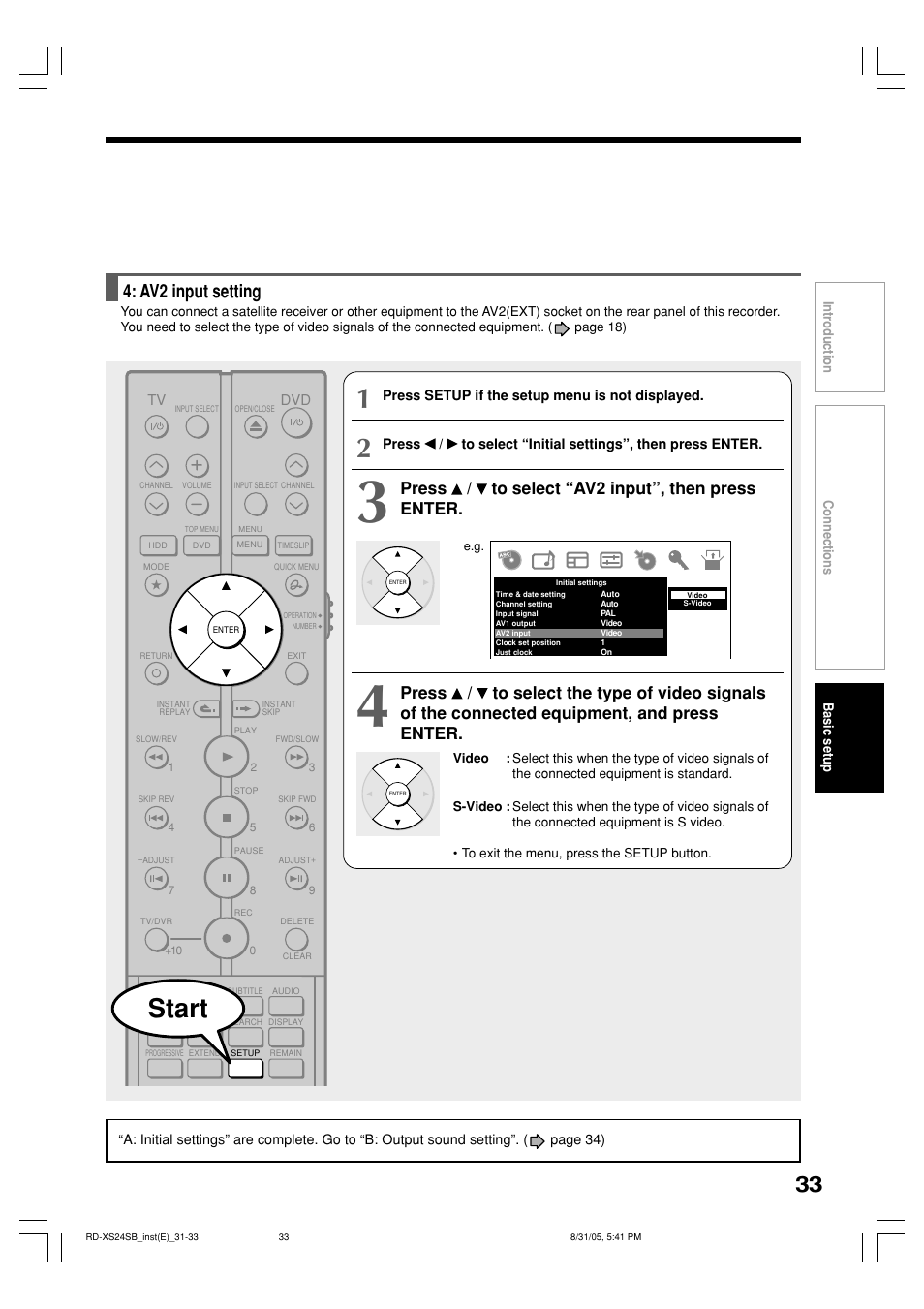 Start, Av2 input setting, Press / to select “av2 input”, then press enter | Toshiba RD-XS24SB User Manual | Page 33 / 41