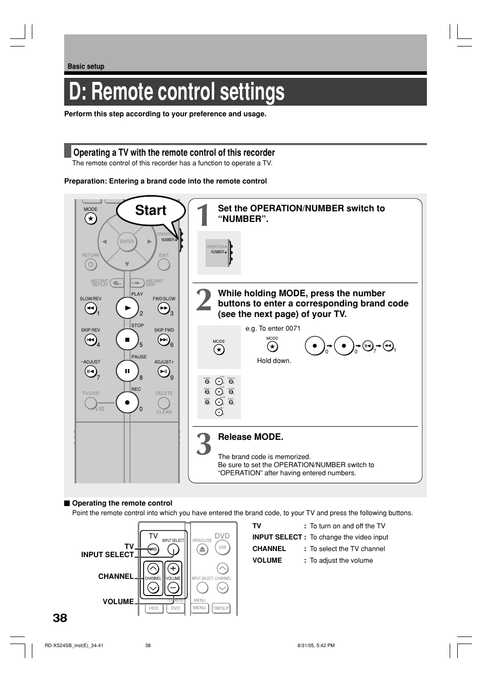 D: remote control settings, Start, Set the operation/number switch to “number | Release mode | Toshiba RD-XS24SB User Manual | Page 38 / 41