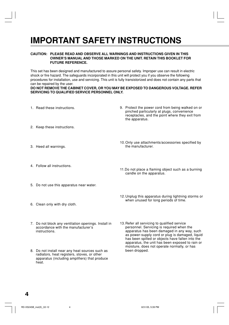 Important safety instructions | Toshiba RD-XS24SB User Manual | Page 4 / 41