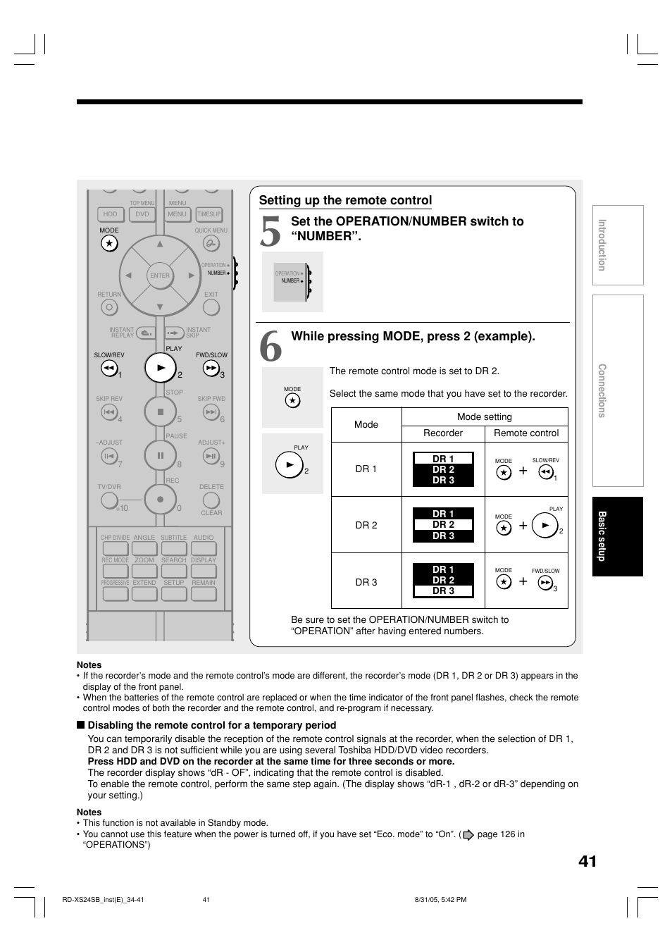 Setting up the remote control, Set the operation/number switch to “number, While pressing mode, press 2 (example) | Toshiba RD-XS24SB User Manual | Page 41 / 41