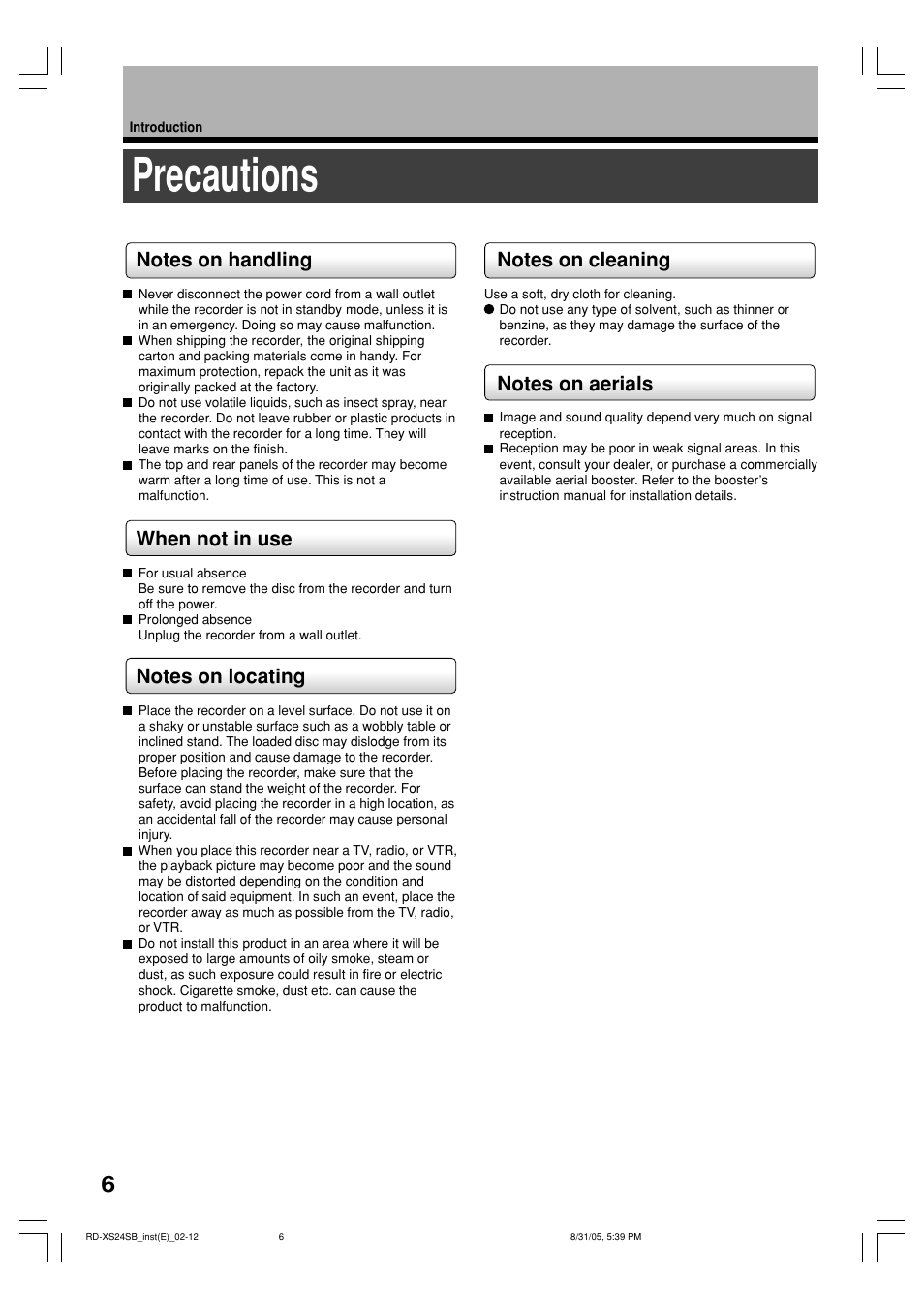 Precautions | Toshiba RD-XS24SB User Manual | Page 6 / 41