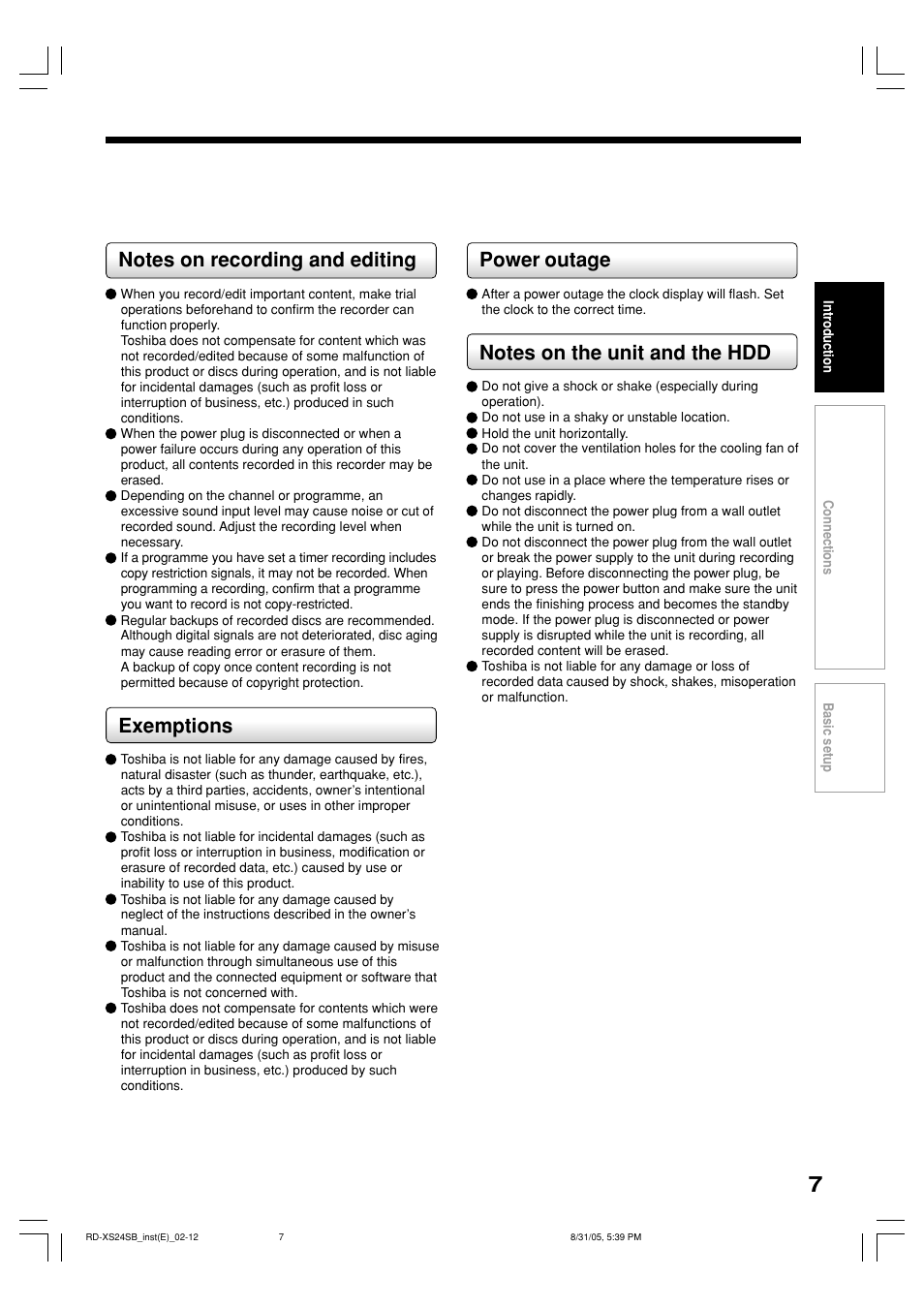 Exemptions, Power outage | Toshiba RD-XS24SB User Manual | Page 7 / 41