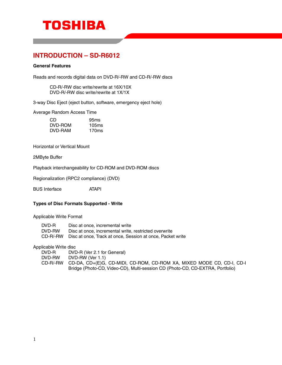 Introduction – sd-r6012 | Toshiba SD-R6012 User Manual | Page 3 / 13