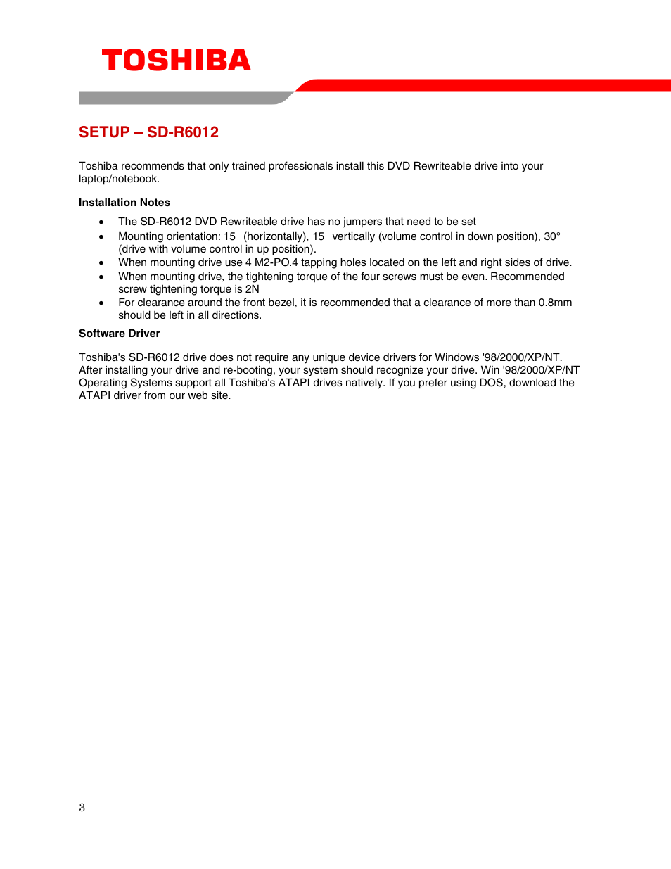 Setup – sd-r6012 | Toshiba SD-R6012 User Manual | Page 5 / 13