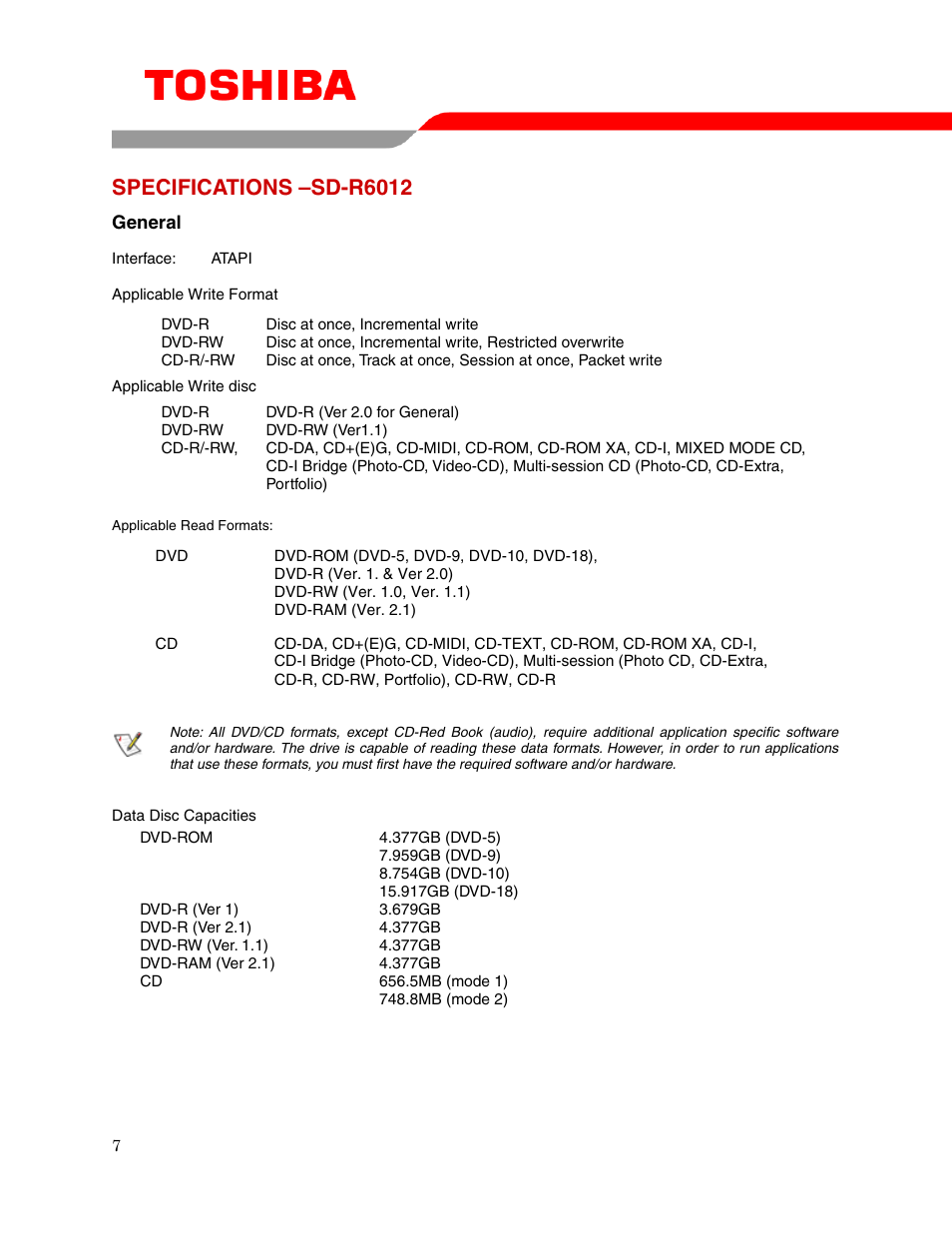 Specifications –sd-r6012 | Toshiba SD-R6012 User Manual | Page 9 / 13