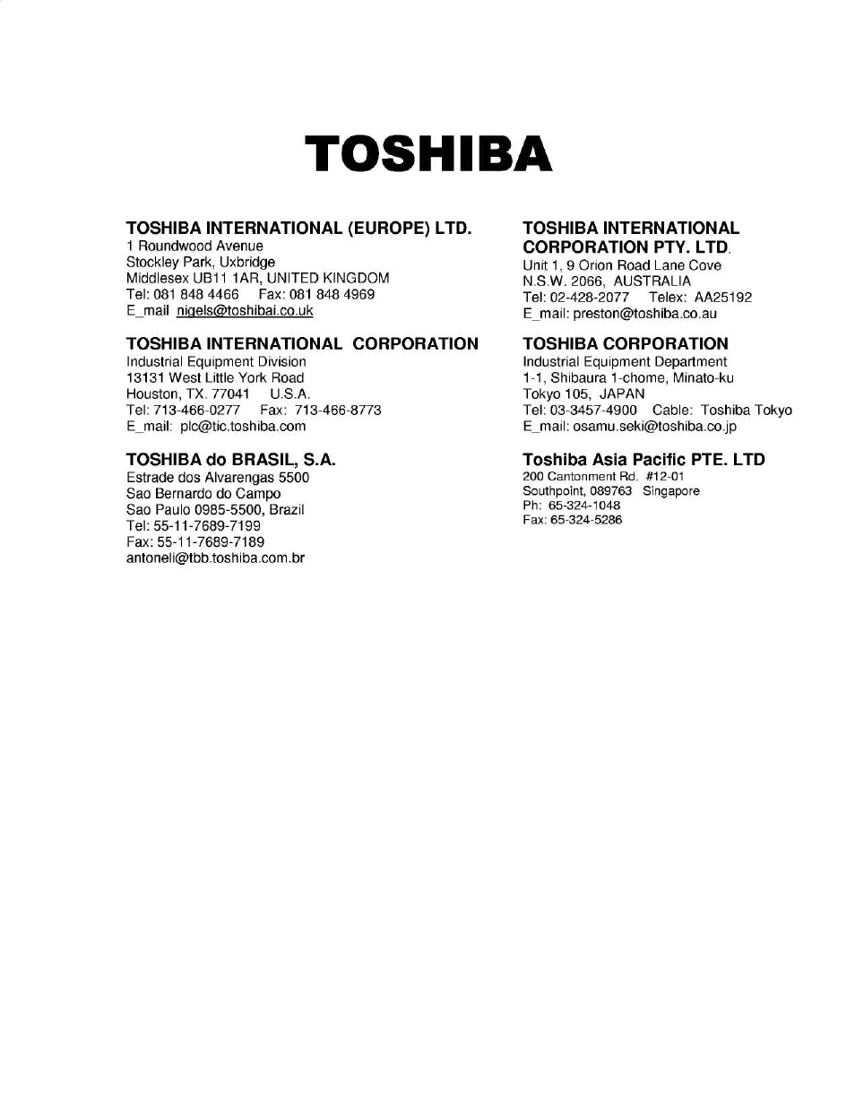 Toshiba, Toshiba international (europe) ltd, Toshiba international corporation | Toshiba do brasil, s.a | Toshiba EX20 Plus User Manual | Page 8 / 8