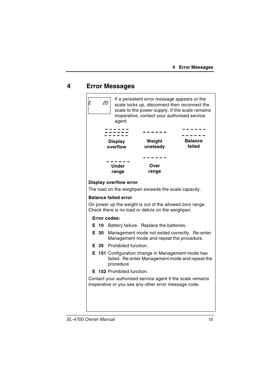 4 error messages, 4error messages | Toshiba TEC Electronic Computing Scale SL-4700 User Manual | Page 15 / 23
