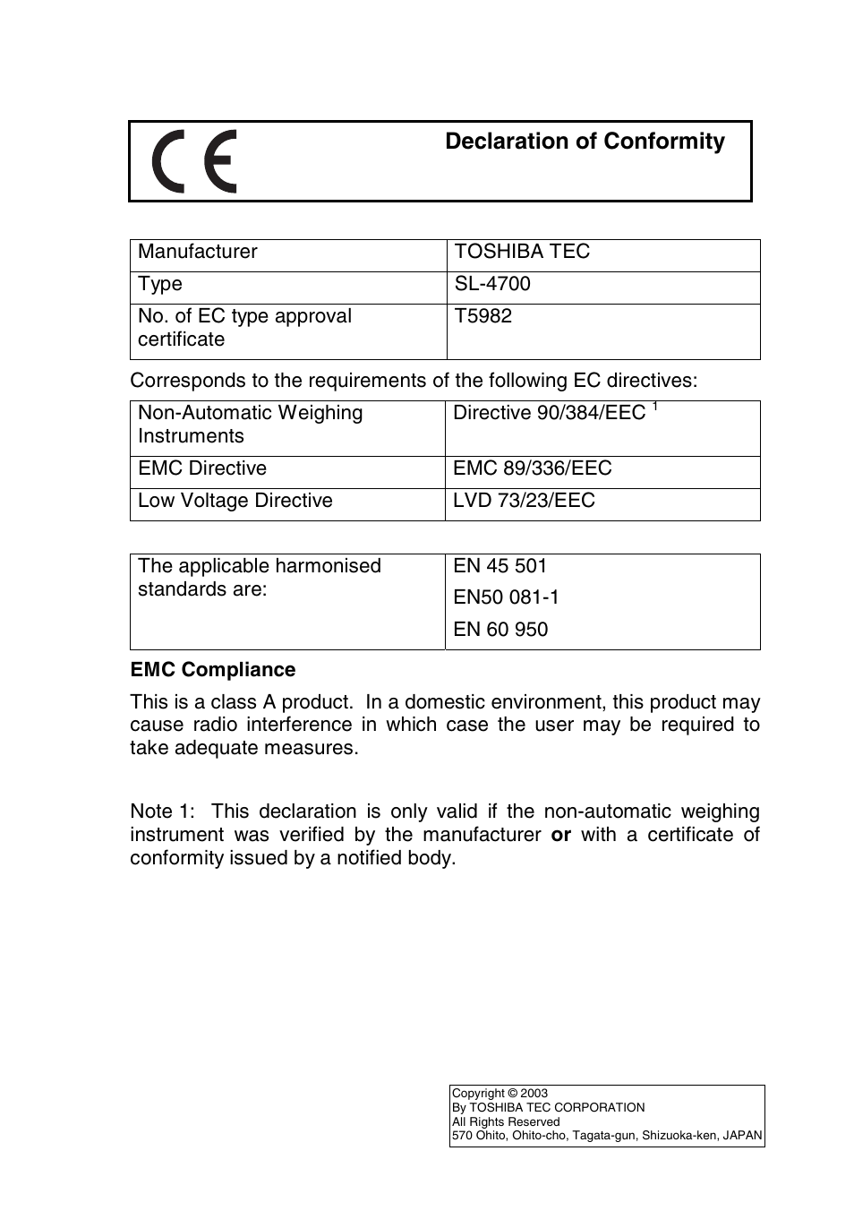 Declaration of conformity | Toshiba TEC Electronic Computing Scale SL-4700 User Manual | Page 2 / 23