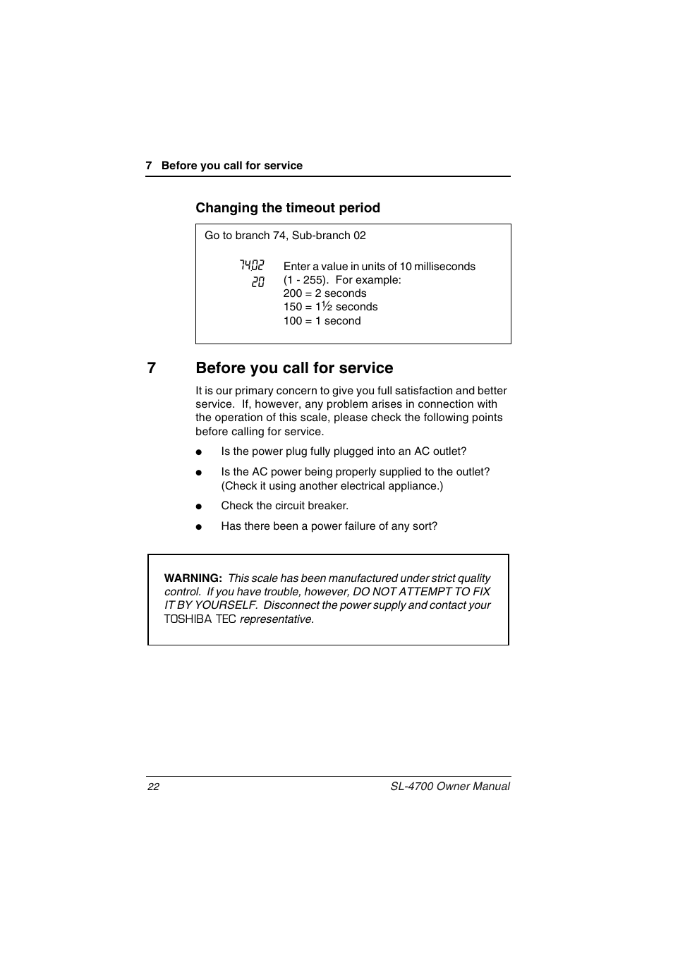 7 before you call for service, 7before you call for service, Changing the timeout period | Toshiba TEC Electronic Computing Scale SL-4700 User Manual | Page 22 / 23