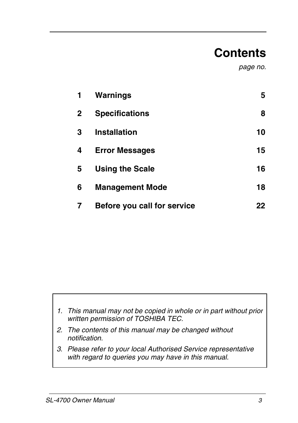 Toshiba TEC Electronic Computing Scale SL-4700 User Manual | Page 3 / 23