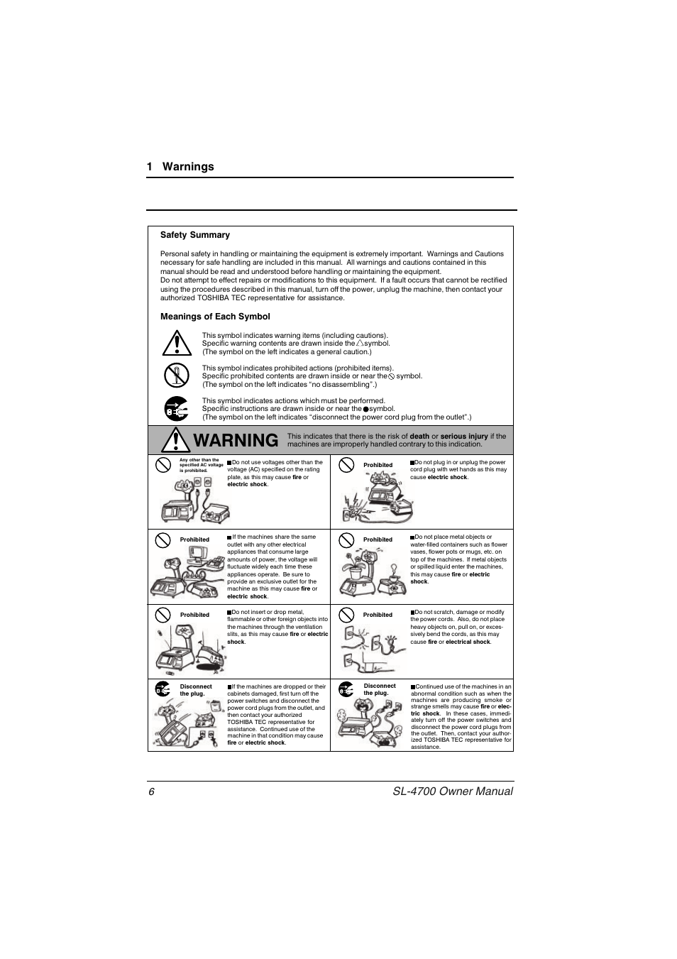 Warning, 1 warnings, Sl-4700 owner manual | Toshiba TEC Electronic Computing Scale SL-4700 User Manual | Page 6 / 23