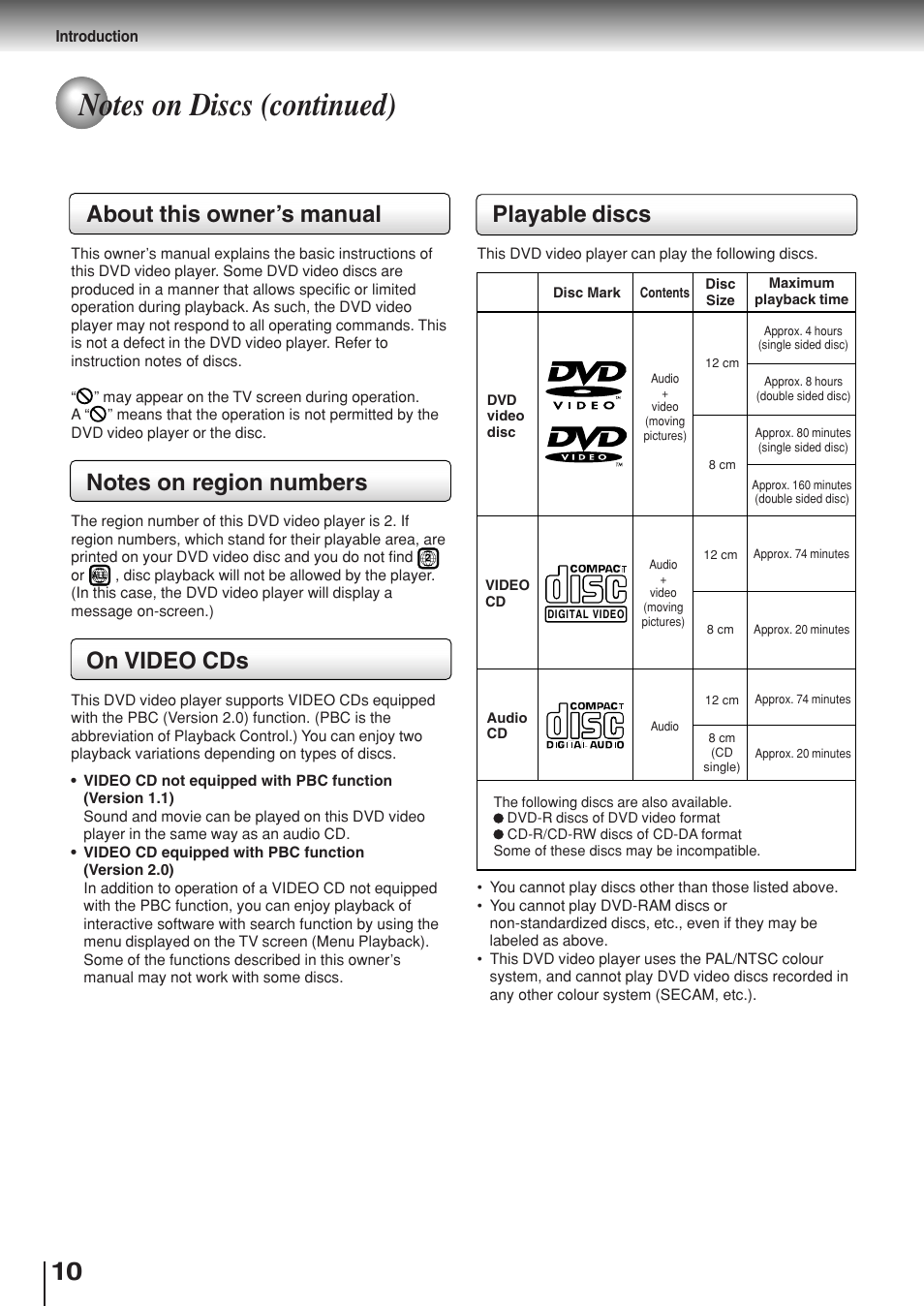 About this owner’s manual, On video cds, Playable discs | Toshiba SD-330ESB  EN User Manual | Page 10 / 72