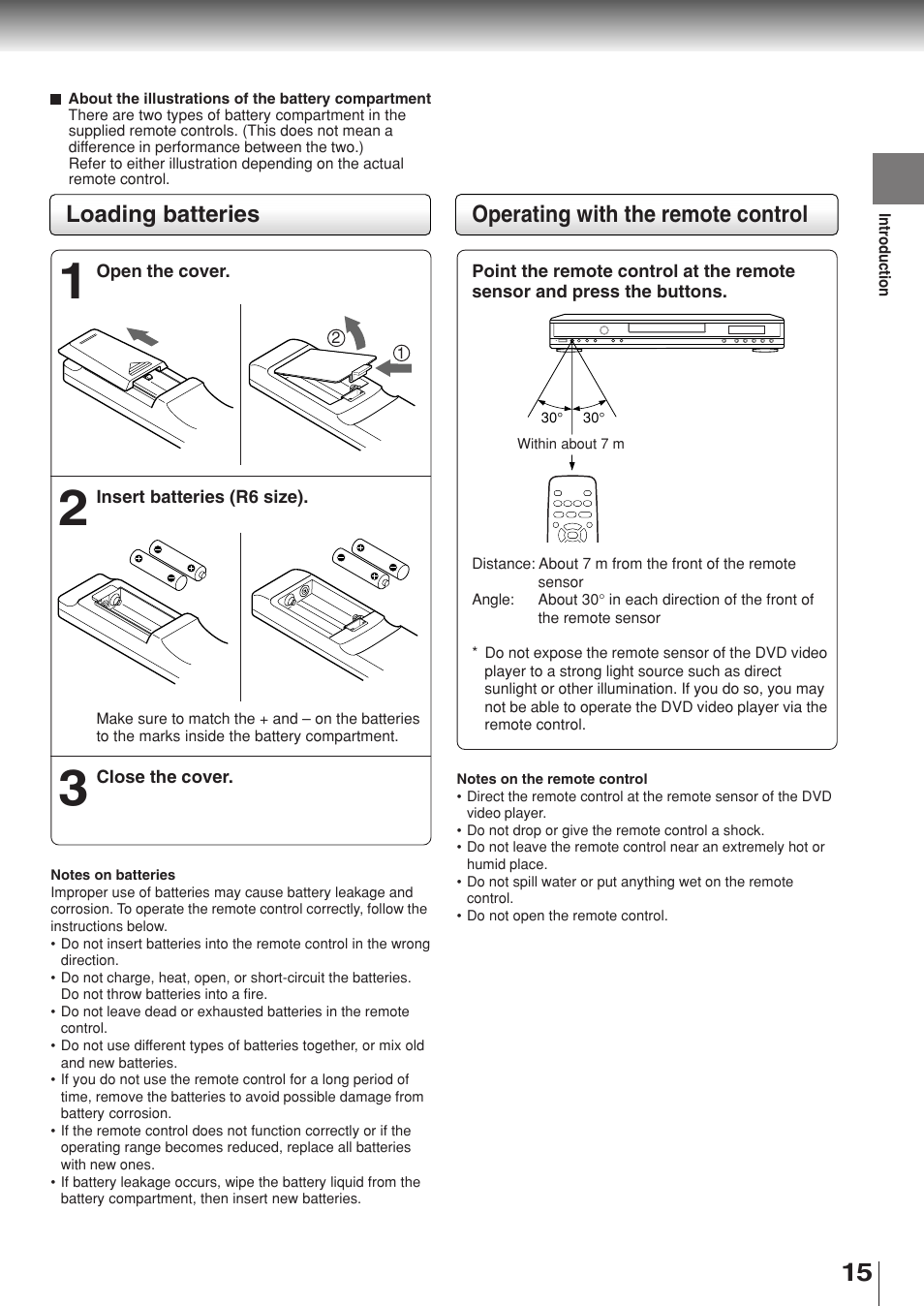 Operating with the remote control, Loading batteries | Toshiba SD-330ESB  EN User Manual | Page 15 / 72