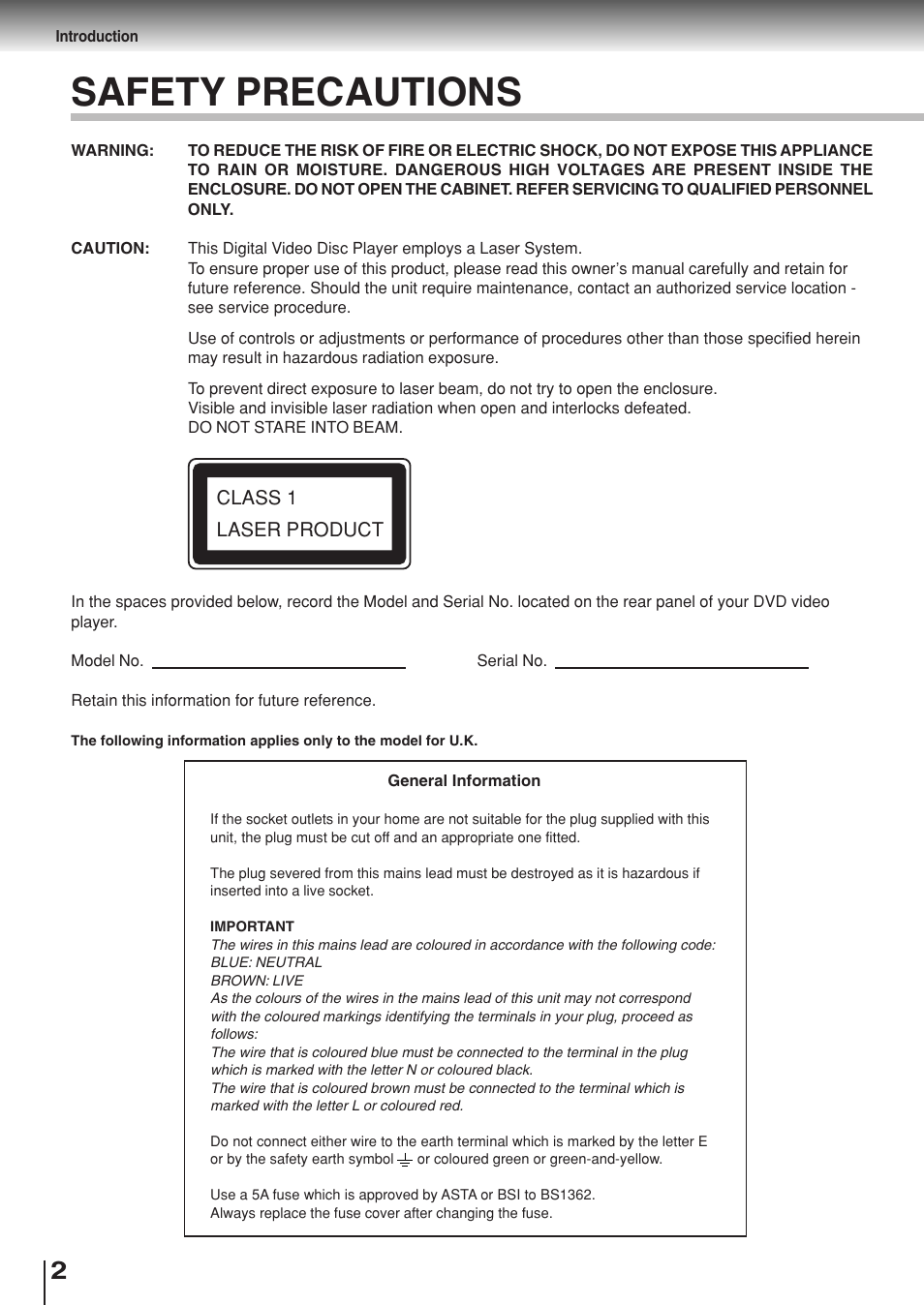 Safety precautions | Toshiba SD-330ESB  EN User Manual | Page 2 / 72