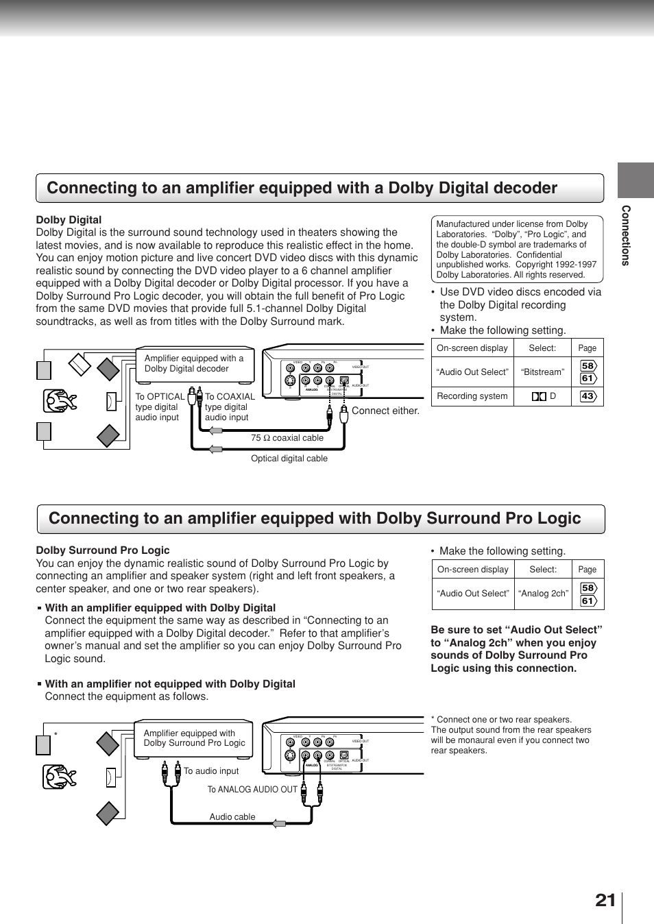 Connections, Make the following setting, Connect either | Toshiba SD-330ESB  EN User Manual | Page 21 / 72