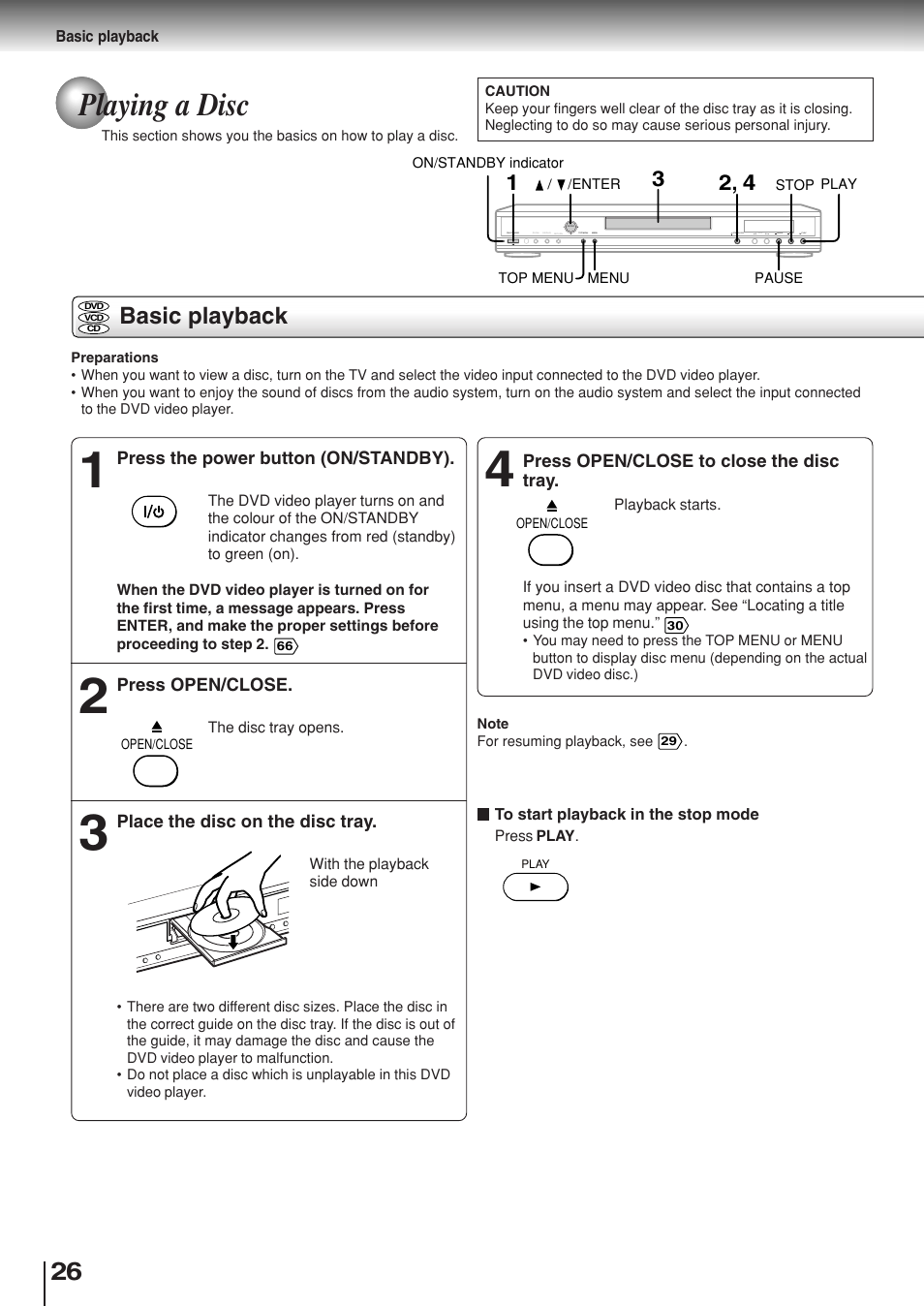 Playing a disc, Basic playback | Toshiba SD-330ESB  EN User Manual | Page 26 / 72