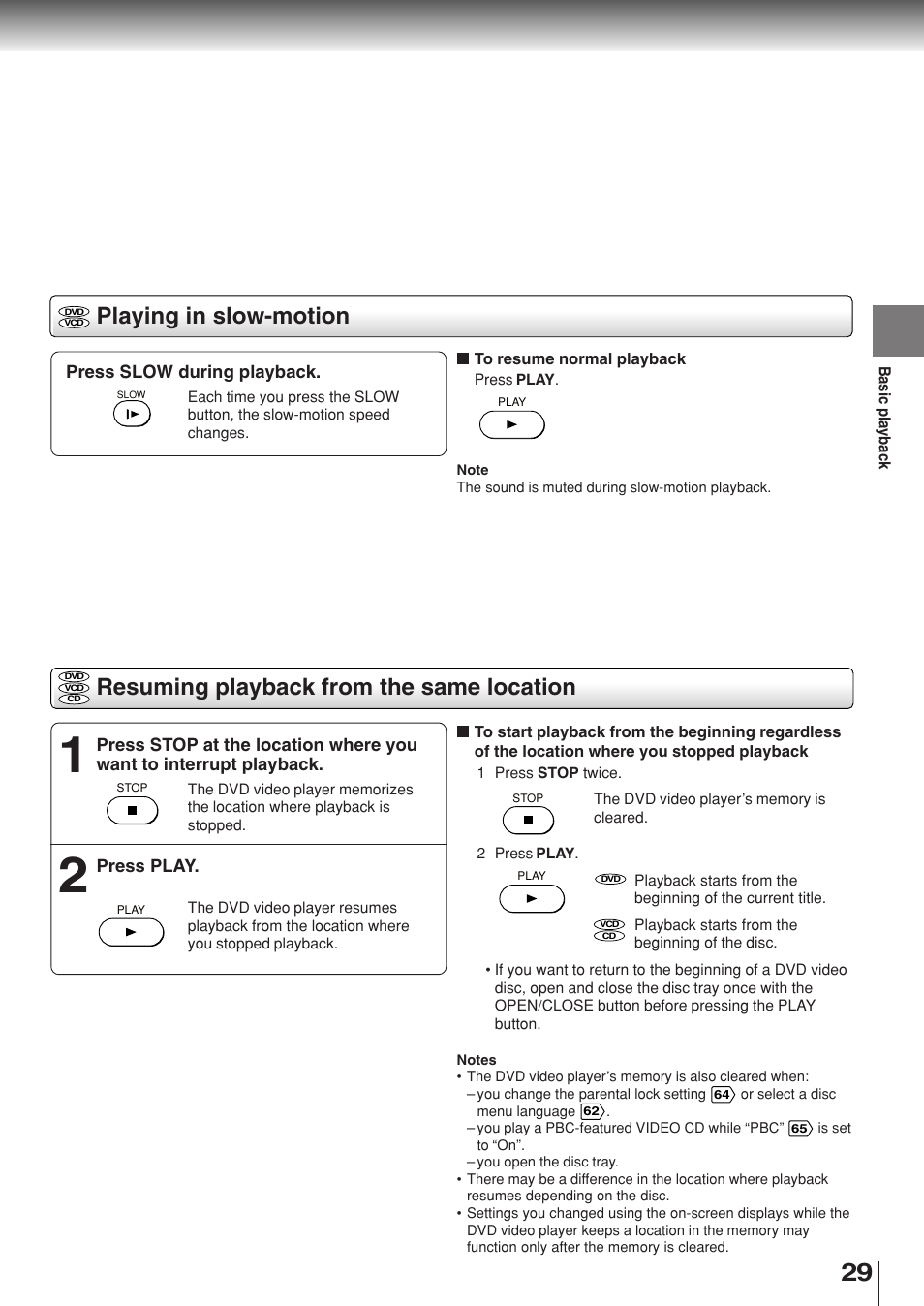 Playing in slow-motion, Resuming playback from the same location | Toshiba SD-330ESB  EN User Manual | Page 29 / 72